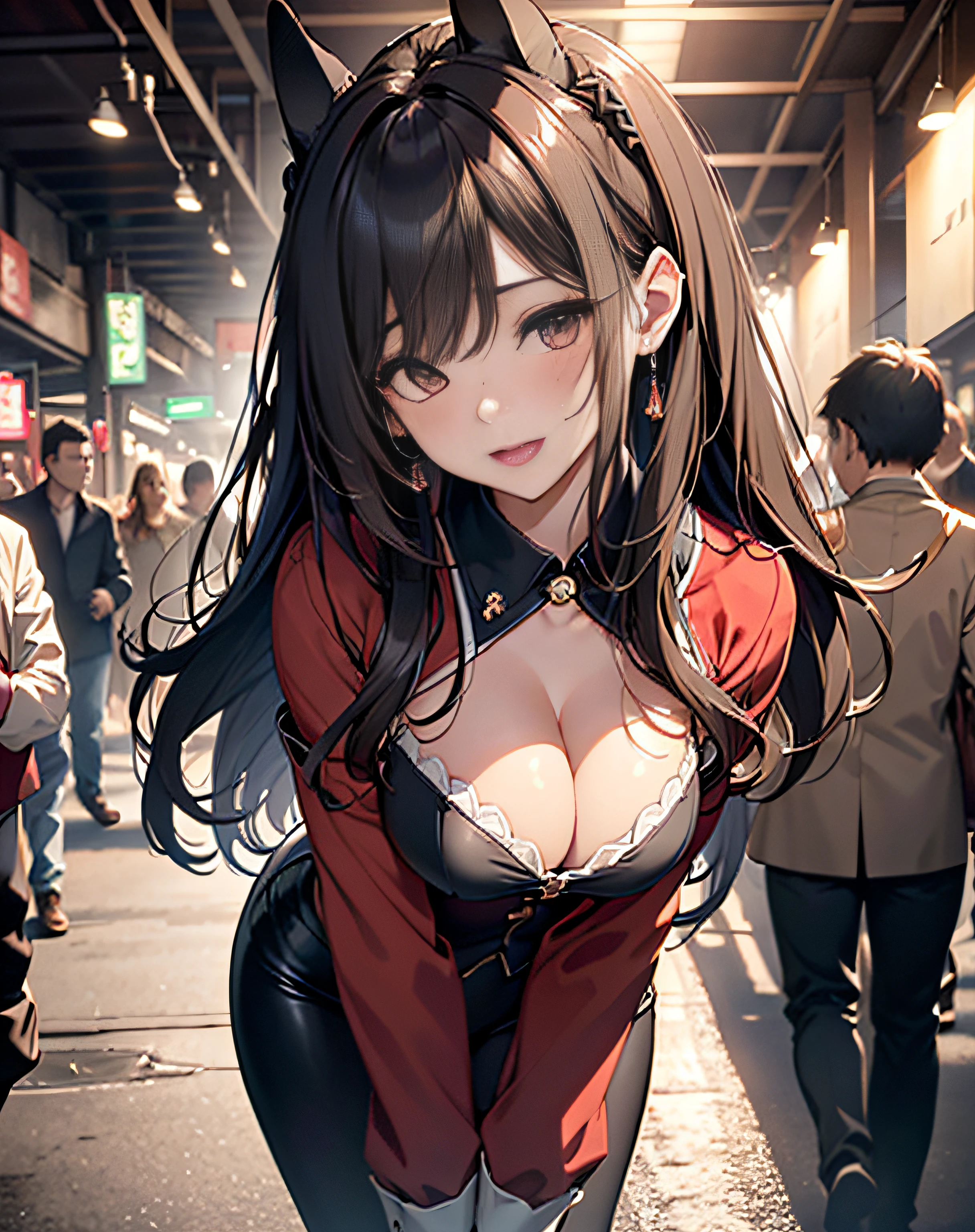 photographrealistic, (8K, Raw photo, Best Quality, masutepiece:1.2), high-definition RAW color photography, professional photograpy, Cowboy Shot, (Realistic, photographrealistic:1.37),Cinematic Light, (finery detailed face:1.2), Cowboy Shot, 1girl in, 25-years old, Very cute, a very beautiful woman、photographrealistic, ,White skin, Real Human Skin, (Detailed face), oval-face, 超A high resolution, BREAK, slim, (Medium - Large Chest,:1.37, cleavage:1.37), (Lifter Gloss, Eyelashes, gloss-face, Best Quality, 超A high resolution, Broad lighting, Natural Shading)、A dark-haired、Long Wave Hair、Bangs, (Event Companion、Red Bunny Girl Outfit、Black false ears), Beer hall at night, ((lightsmile, Open mouth:1.5, a sultry, in heat, blush, Seductive emotions, agitation)), ((From below:1.3, from behind:1.3, Leaning forward:1.3, top down bottom up)), Blurry background, depth of fields, Cowboy Shot:1.3, Centered image,