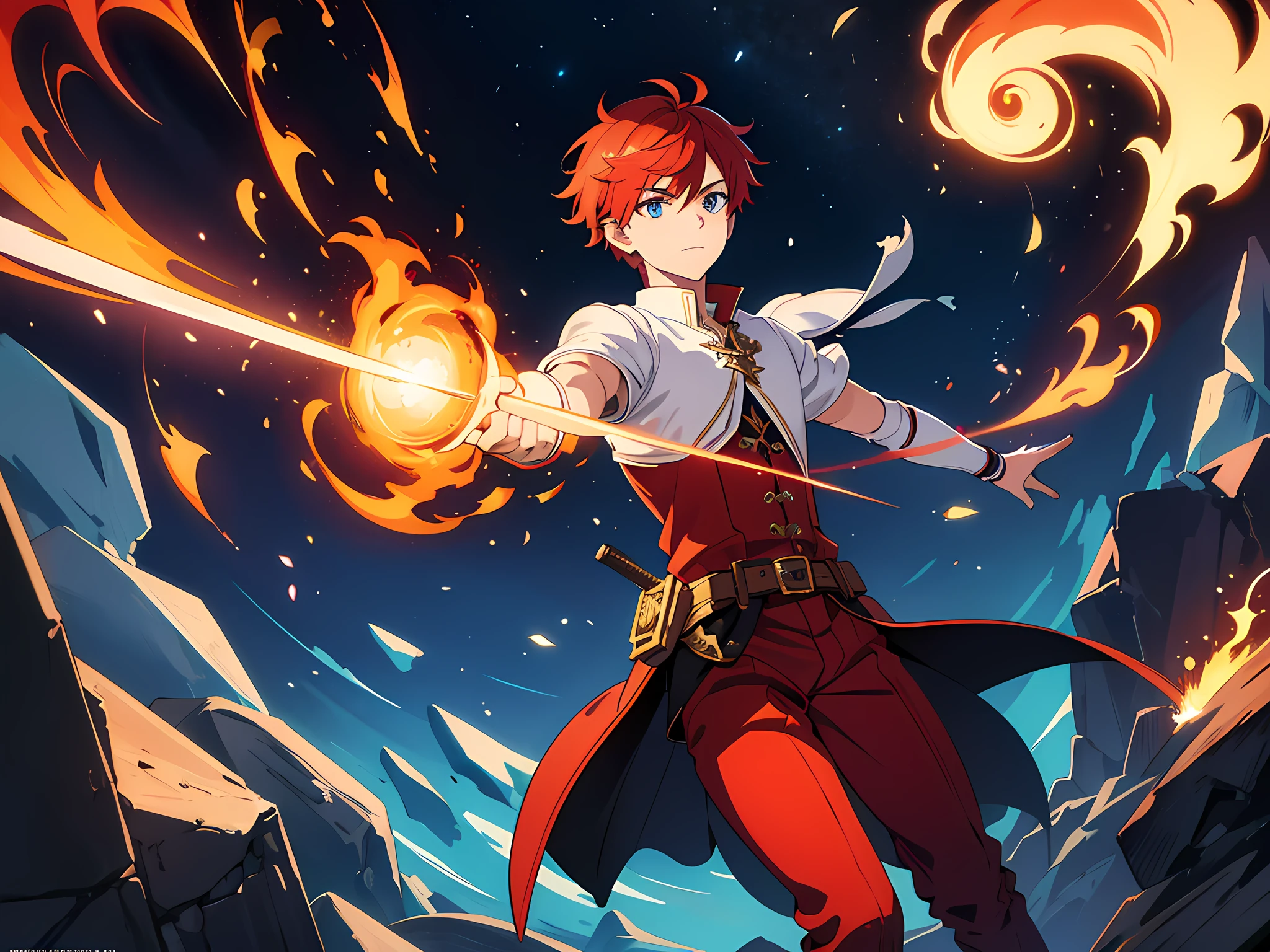 masterpiece, In a world where magic and technology exist side by side, a young man (red hair, short hair) sets out on a journey to hone their skills and uncover the secrets of their powers, beautiful eyes finely detailed. The mage must learn to harness the full potential of their abilities and unlock the true potential of magic in the modern age. full body illustration, evil facial expression, holding a sword, he hold sword with flames coming out from his sword.