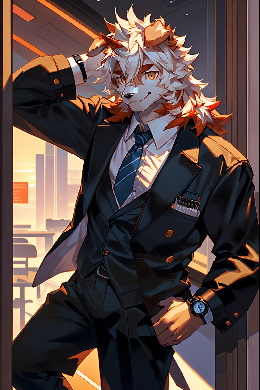 (by Hioshiru, by null-ghost, By personalami, by Honovy, by thebigslick, author:Feinhertz), Male, Solo, domestic dog, horn, floppy ears, clawed paws, Smile, Neon lights,In the office building,Masterpiece, Best quality, offcial art, Extremely detailed Cg Unity 8K wallpaper, Ultra-detailed, Best Illustration, Best shadow, Perfect lighting, pegging (/arknight/), White fur, Furry male, Dog boy, Furry, Two-tone fur, 1boys, multicolored hair, Male focus, Horns, Striped hair, Dog ears, Animal ears, single horn, Brown fur, bangs, Orange hair, White hair, Medium hair, Orange eyes, Solo,Black pupils,In black suit,Black trousers,White color blouse,Plaid tie,full bodyesbian,leather shoes,A collar is worn around his neck,Wrist watch,briefcase,Coffee in hand