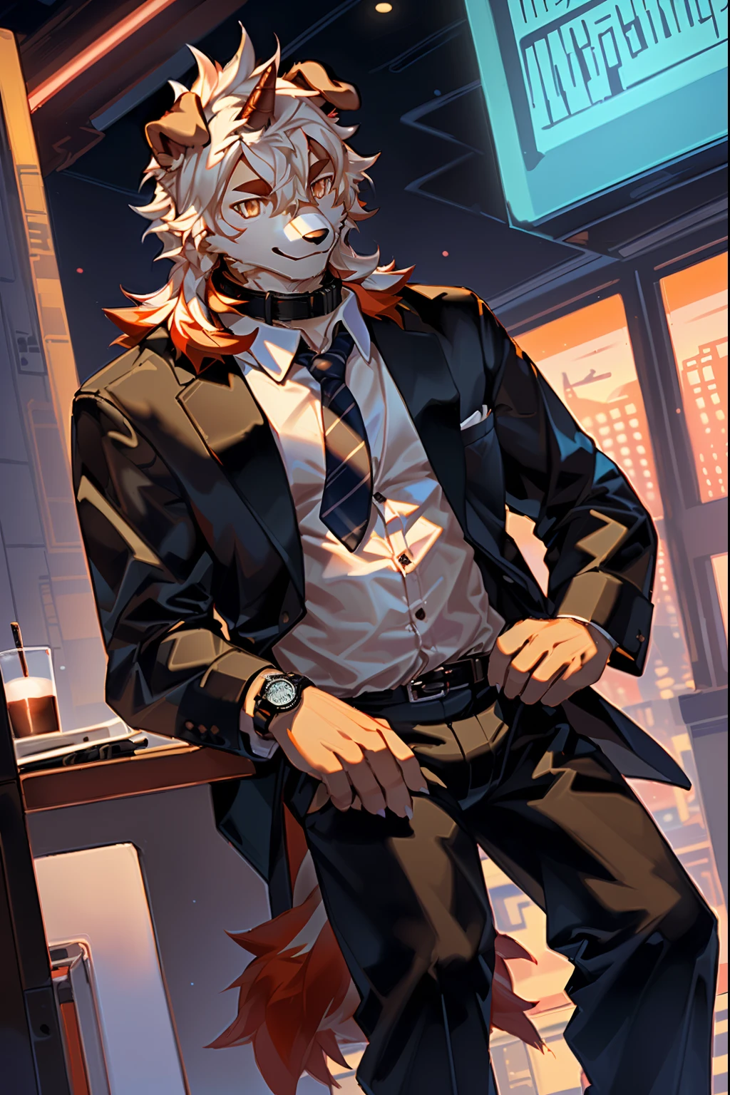 (by Hioshiru, by null-ghost, By personalami, by Honovy, by thebigslick, author:Feinhertz), Male, Solo, domestic dog, horn, floppy ears, clawed paws, Smile, Neon lights,In the office building,Masterpiece, Best quality, offcial art, Extremely detailed Cg Unity 8K wallpaper, Ultra-detailed, Best Illustration, Best shadow, Perfect lighting, pegging (/arknight/), White fur, Furry male, Dog boy, Furry, Two-tone fur, 1boys, multicolored hair, Male focus, Horns, Striped hair, Dog ears, Animal ears, single horn, Brown fur, bangs, Orange hair, White hair, Medium hair, Orange eyes, Solo,Black pupils,In black suit,Black trousers,White color blouse,Plaid tie,full bodyesbian,leather shoes,A collar is worn around his neck,Wrist watch,briefcase,Coffee in hand