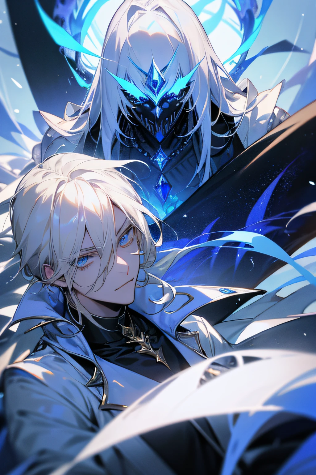 1male people、cool、platinum-blonde、Golden eyes、Have a scary mask、Loose white knight's outfit、Sapphire necklace、Blue Jewelry、ultra-quality