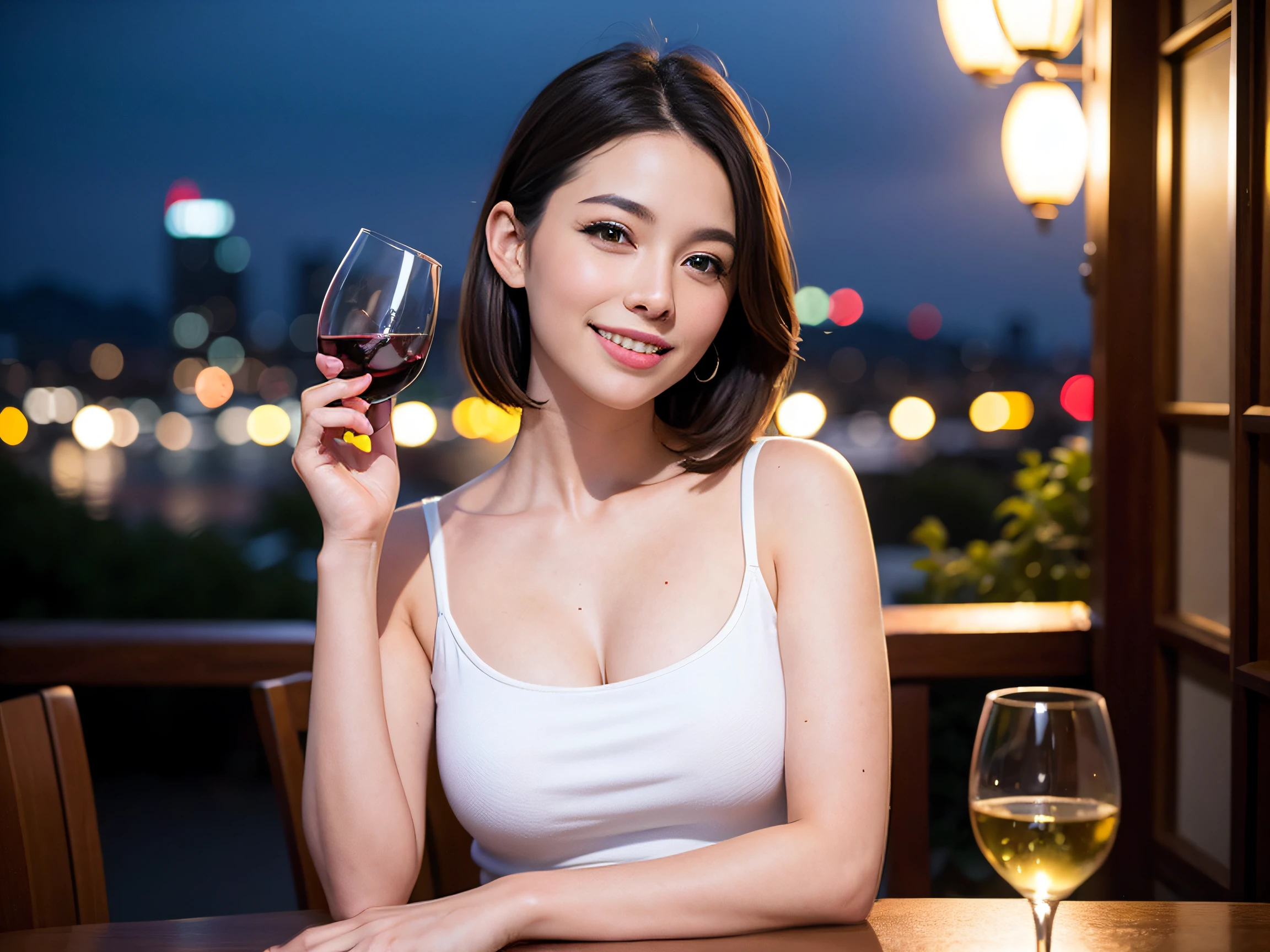 (64K, UHD, top quality, masterpiece: 1.2), (realistic, photorealistic: 1.37), super detailed, pretty woman 1 person, (slim face), (slim body), (brown hair), (short cut), cheeks slightly blushing, (42 years old), 38 years old, solo, beautiful detailed urban night view outside the window, restaurant, wine glasses sit, night, in a prominent place (from the waist up) NovaFrogStyle, Actress, Model, Waist Up, White Wine, Slim, Wine Glass, Super Clean Night View, Wine Glass Put in the Middle, Happy Smile, (Smile: 1.15), Beautiful Fine Eyes, Upper Body, Bust Japan Up, Night, Short, Short, Actress, Model, Waist Up, White Wine, Slim, Wine Glass, Super Clean Night View, Wine Glass Put in the Middle, Happy Smile,