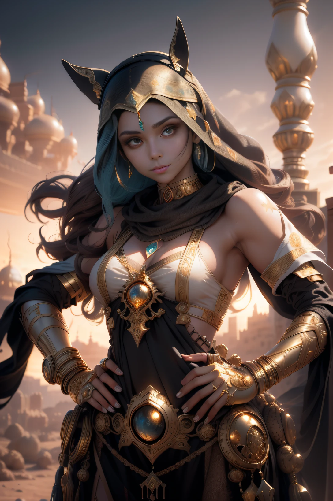 Riju, elf, girl from ancient Egypt,1girl, (large breasts:1.4),((((long twin braids,tight braids,long braid,braided hair,long hime cut,dark hair,black hair,colored inner hair)))),(((purple_eyes:1.3))),intricate eyes,beautiful detailed eyes,symmetrical eyes,((((lustrous skin:1.5,tanned skin,bright skin: 1.5,skin tanned,shiny skin,very shiny skin,shiny body,Reflective skin)))),(spider lower abdomen,narrow waist,wide hip,athletic body,inflated legs,thick thighs,delicate detailed fingers,(detailed face)),beautiful detailed lips, cute,slutty,,seductive look,seductive,((erotic)),opulent,((nsfw)), (((Egyptian armor jewelry,golden,(Egyptian armor bra:1.2),Warrior Egyptian Princess)))(((very tiny armor:1.3))),((Anubis Helmet)),zettai ryouiki,revealing clothing,show skin,cleavage,(((barefoot))),((intricate warrior egyptian outfit)),egyptian accessories,(egyptian jewelry in her arms),usekh collar,earrings,(((hair tubes))),(((eyeshadow,egyptian makeup,eyelid makeup))),(((pelvis curtain))),(loincloth),heavy gold armor,navel,wear long gloves,detailed intricate armor bra,ornate detailed armor panties,gold leg armor,(golden angel wings:1.5),(((golden clothes,wet clothes,intricate outfit,ornate outfit,intricate cloth,ornate cloth,intricate armor))), (flirtatious pose:1.3), looking at viewer,heroic attitude,centered,scale to fit dimensions,Rule of thirds, outdoors,(egyptian palace,egyptian palace background,pyramids in the background),scenery,(oasis,oasis background),extremely scenery,(puddles everywhere,moss,moss on the background),clouds,Egypt style,Egypt castle,lily pads,palms,reeds,(sunset, golden hour), (Glossy Egyptian ornaments),(top-quality,8K,32K,​masterpiece),high resolution,(Photorealistic:1.4),Ray tracing,Sun glare,depth of fields,By backlight effect,Add depth to your screen,(((vibrant colors,vibrant theme))),(intricate),(high contrast,photorealistic artwork:1.37),(best quality,4k,highres,masterpiece:1.2),ultra-detailed,(realistic,photorealistic,photo-realistic:1.37),pro
