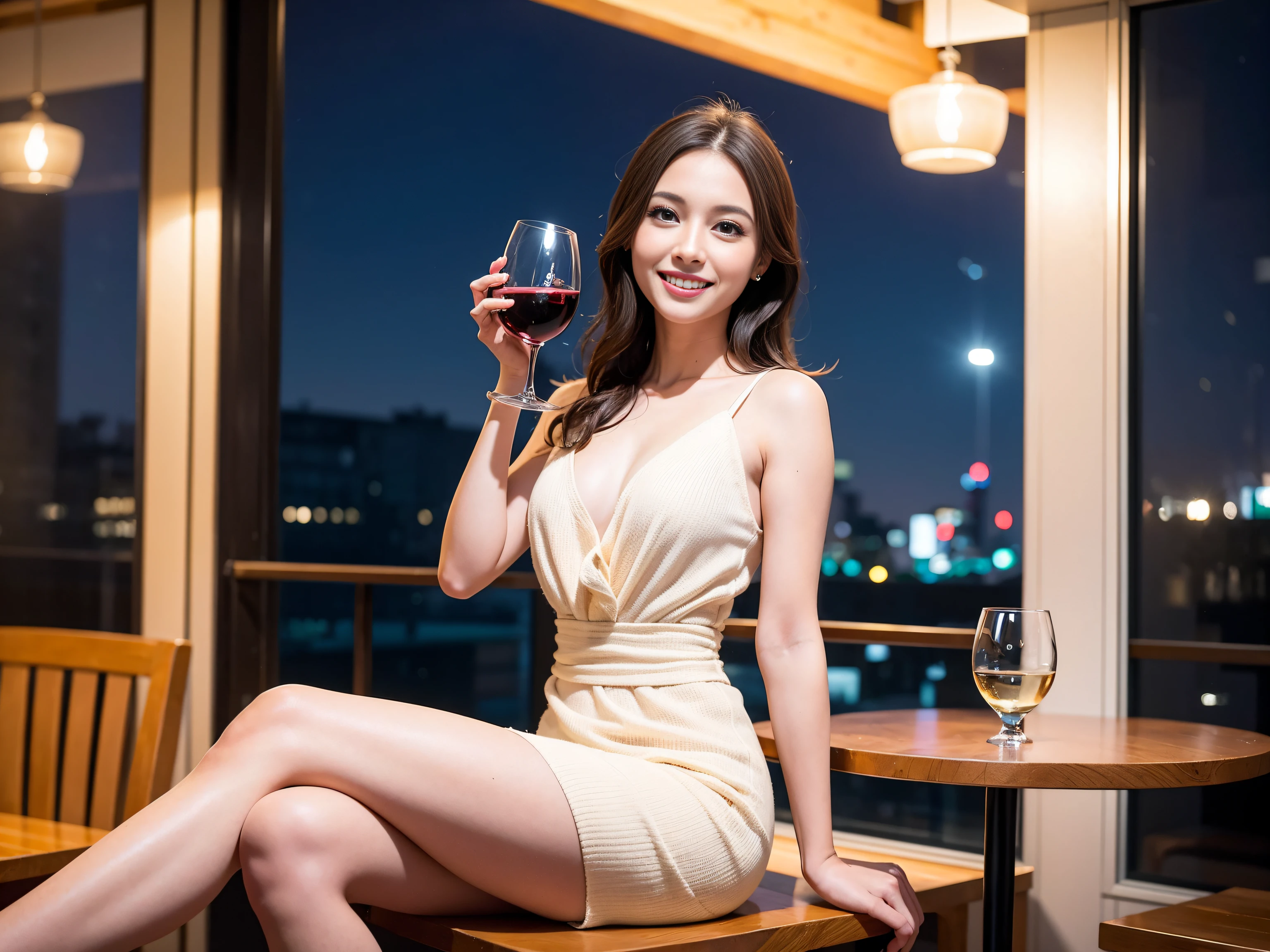 (64K, UHD, top quality, masterpiece: 1.2), (realistic, photorealistic: 1.37), super detailed, pretty woman 1, (slim face), (slim body), (brown hair), (short cut), cheeks slightly blushing, (40 years old), 38 years old, solo, beautiful detailed urban night view outside the window, restaurant, wine glass sitting, at night, in a prominent place (from the waist up) NovaFrogStyle, Actress, Model, Waist Up, White Wine, Slim, Wine Glass, Super Clean Night View, Wine Glass Put in the Middle, Happy Smile, (Smile: 1.15), Beautiful Fine Eyes, Upper Body, Bust Japan Up, Night, Short, Short, Actress, Model, Waist Up, White Wine, Slim, Wine Glass, Super Clean Night View, Wine Glass Put in the Middle, Happy Smile,