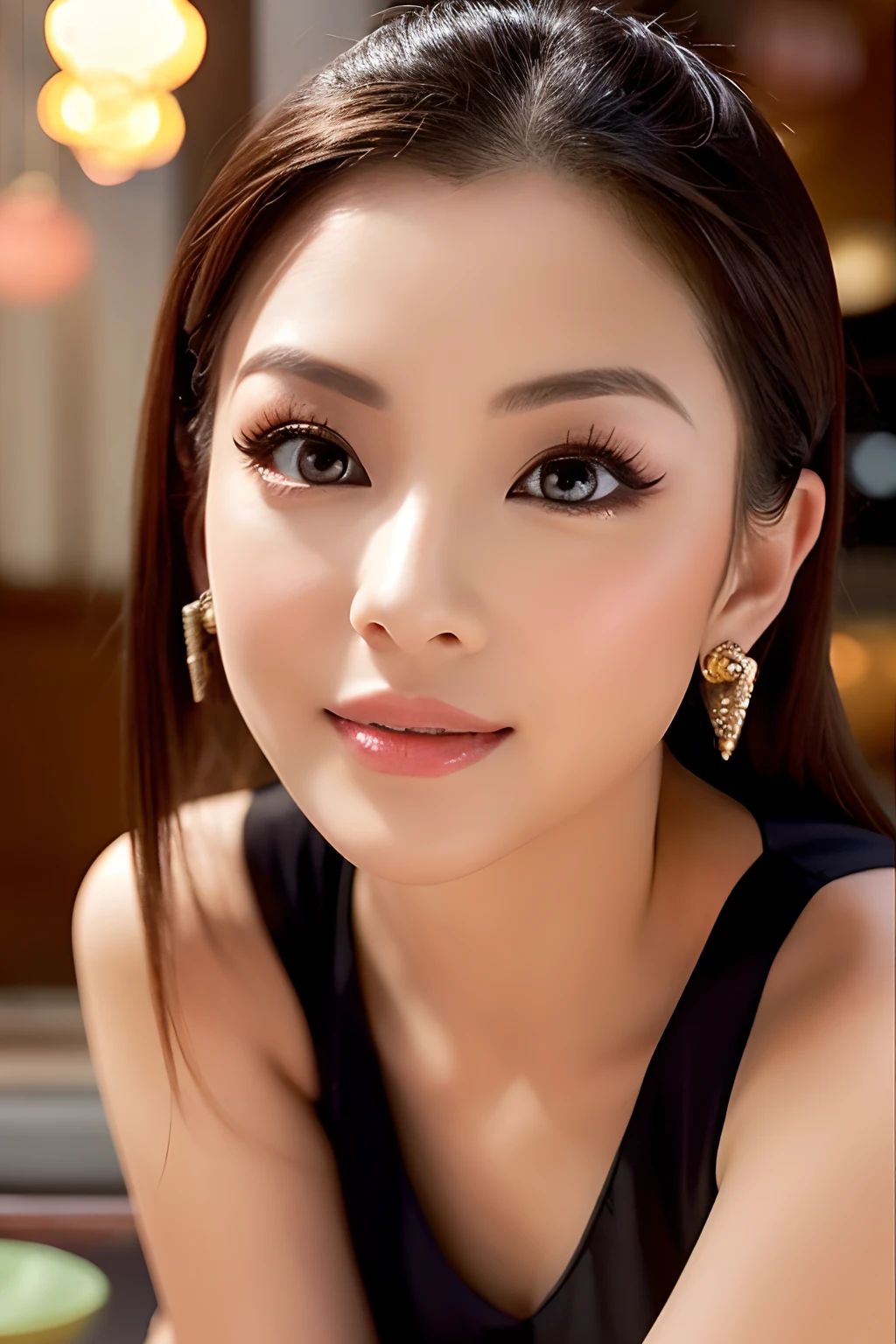 A playful and mischievous and Asian beautiful lady, with a mischievous glint in her eye, sitting in a Zen wearing a sexy outfit that showed her chest. gorgeous, aluring and hot female eye contact, flirting and appealing perfect and big eyes thin and slightly upturned nose appealing full lips and strong jawline