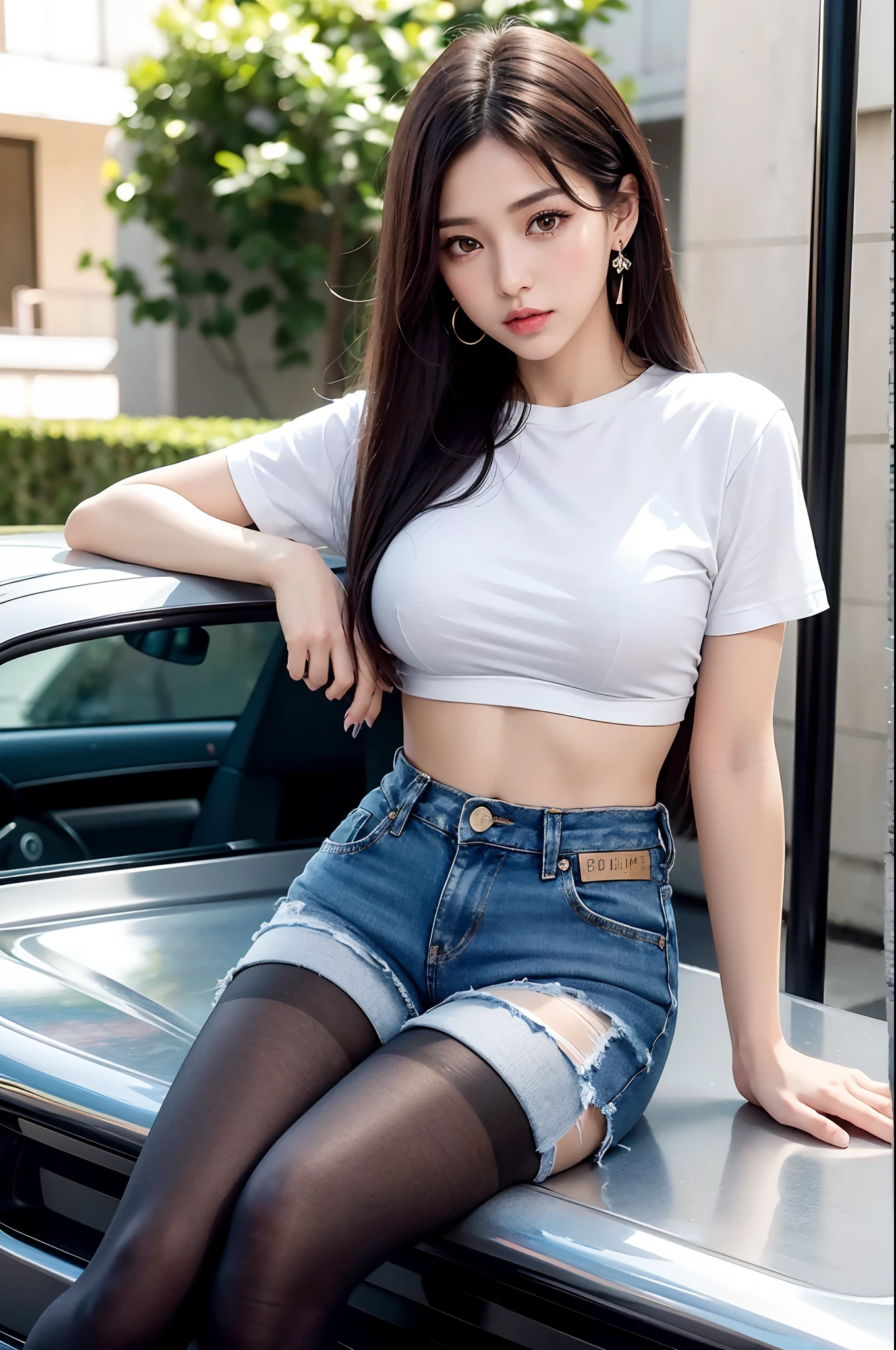 of the highest quality, masutepiece, Ultra high definition, (Real: 1.4), Original photo, (Evening Street), 1 girl, Black eyes, gaze at the audience, Long hair, Light makeup, Lips, small ears, White T-shirt, Denim shorts, (Ultra-realistic pantyhose:1.2), earrings, Sitting Ferrari,, slim, neat, Park