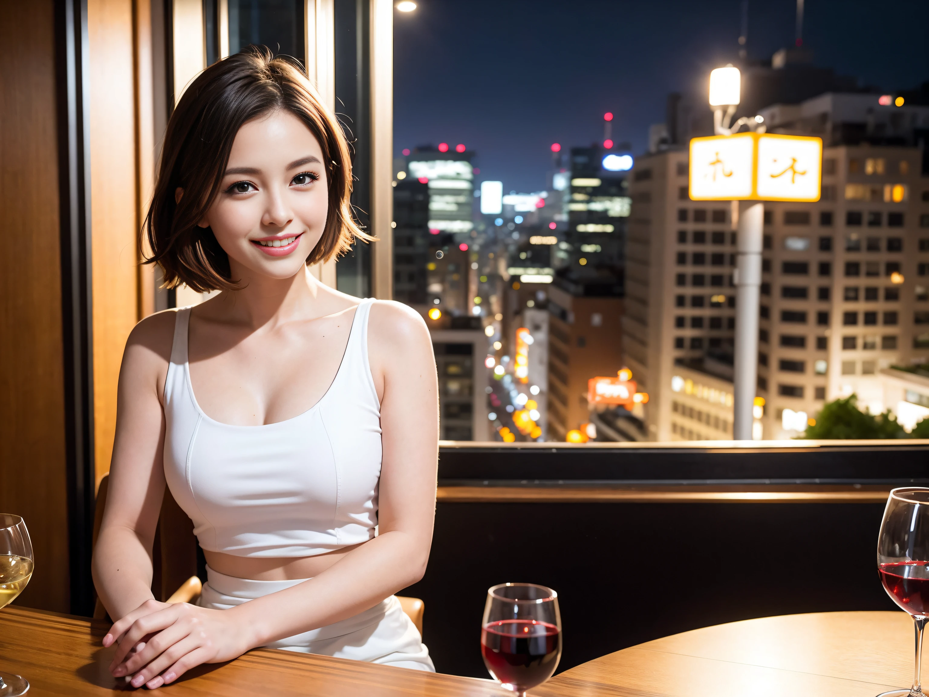 (64K, UHD, top quality, masterpiece: 1.2), (realistic, photorealistic: 1.37), super detailed, pretty woman 1 person, (slim face), (slim body), (brown hair), (short cut), cheeks slightly blushing, (35 years old), 38 years old, solo, beautiful detailed urban night view outside the window, restaurant, wine glasses sit, at night, in a prominent place (from the waist up) NovaFrogStyle, Actress, Model, Waist Up, White Wine, Slim, Wine Glass, Super Clean Night View, Wine Glass Put in the Middle, Happy Smile, (Smile: 1.15), Beautiful Fine Eyes, Upper Body, Bust Japan Up, Night, Short, Short, Actress, Model, Waist Up, White Wine, Slim, Wine Glass, Super Clean Night View, Wine Glass Put in the Middle, Happy Smile,