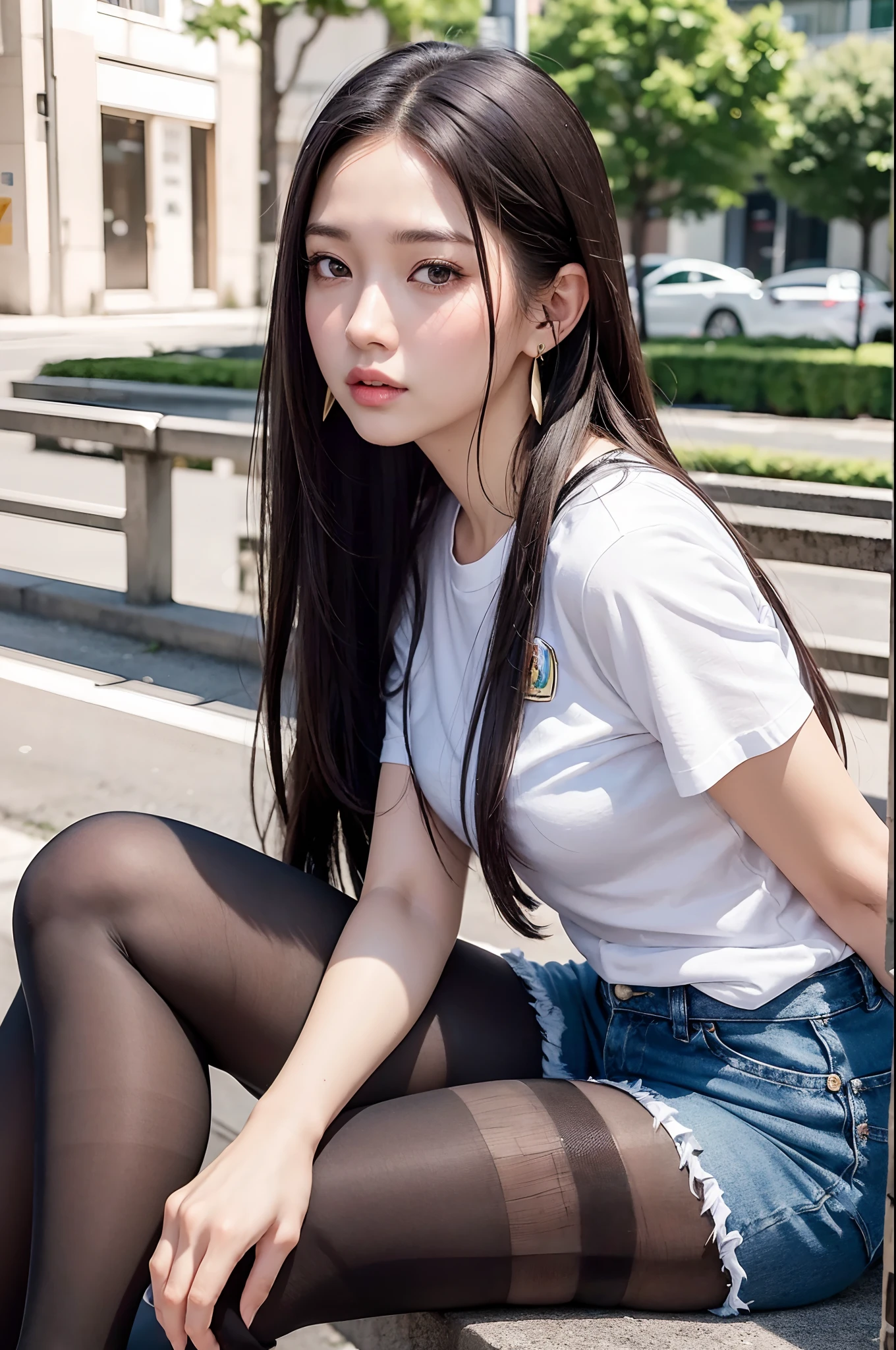 of the highest quality, masutepiece, Ultra high definition, (Real: 1.4), Original photo, (Evening Street), 1 girl, Black eyes, gaze at the audience, Long hair, Light makeup, Lips, small ears, White T-shirt, Denim shorts, (Ultra-realistic pantyhose:1.2), earrings, Sitting Ferrari,, slim, neat, Park