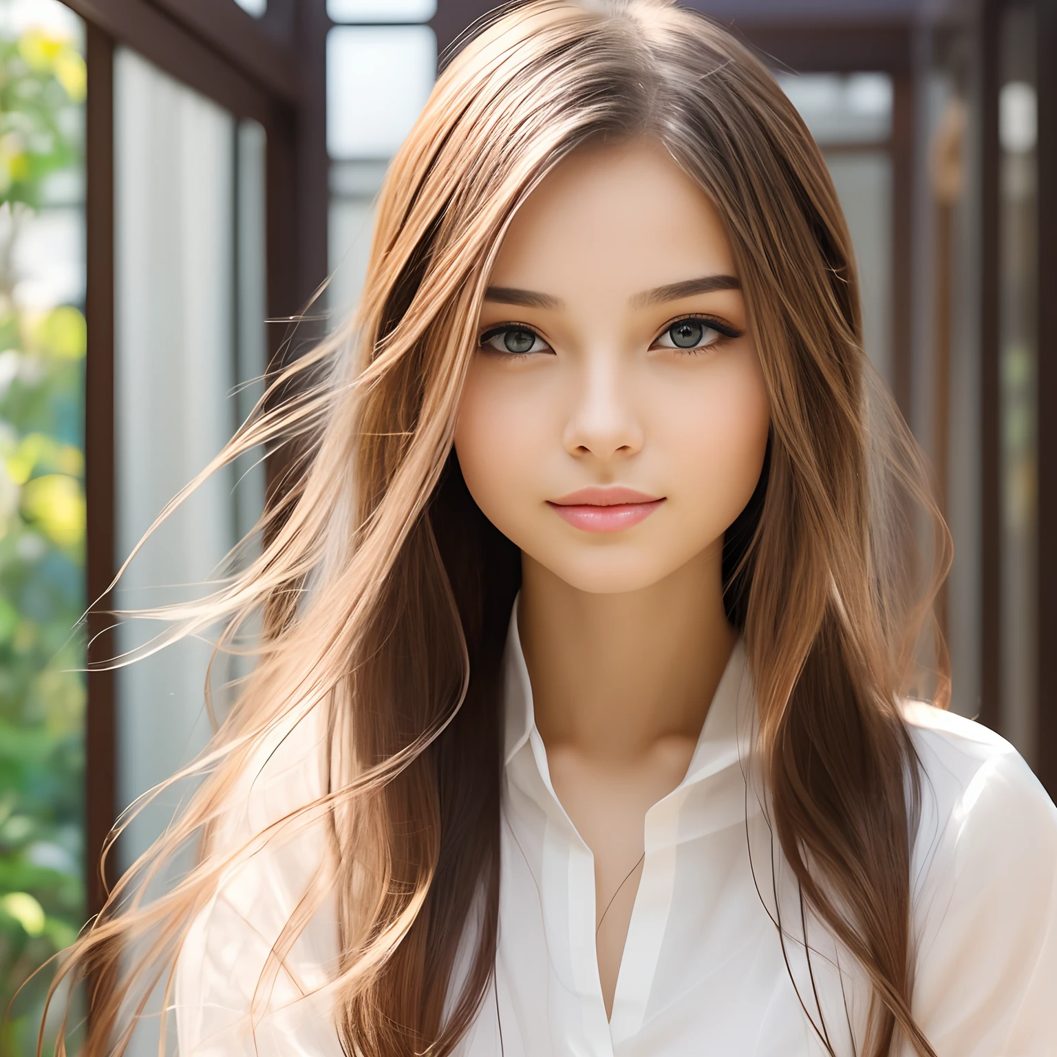 a transcendentally beautiful Ukrainian girl who is mixed with Japanese, tie hair, skinny face, smooth pale skin, bright eyes, straight nose, glossy plump lips, charming smile, pure and innocent, very neat, intelligent and elegant, pretty and gorgeous