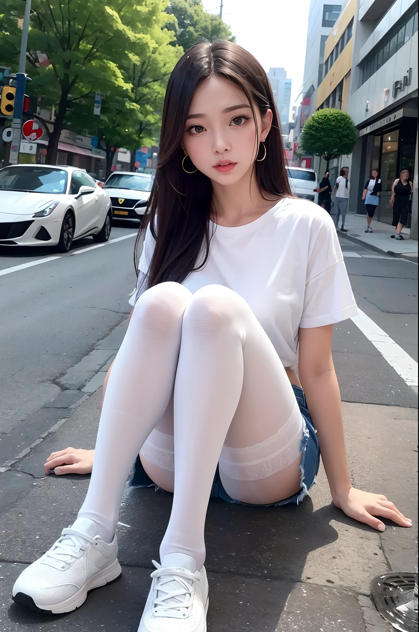of the highest quality, masutepiece, Ultra high definition, (Real: 1.4), Original photo, (Evening Street), 1 girl, Black eyes, gaze at the audience, Long hair, Light makeup, Lips, small ears, White T-shirt, Denim shorts, (Ultra-realistic pantyhose:1.2), earrings, Sitting Ferrari,, slim, neat, Park, Wearing popular sneakers、walking on street、
