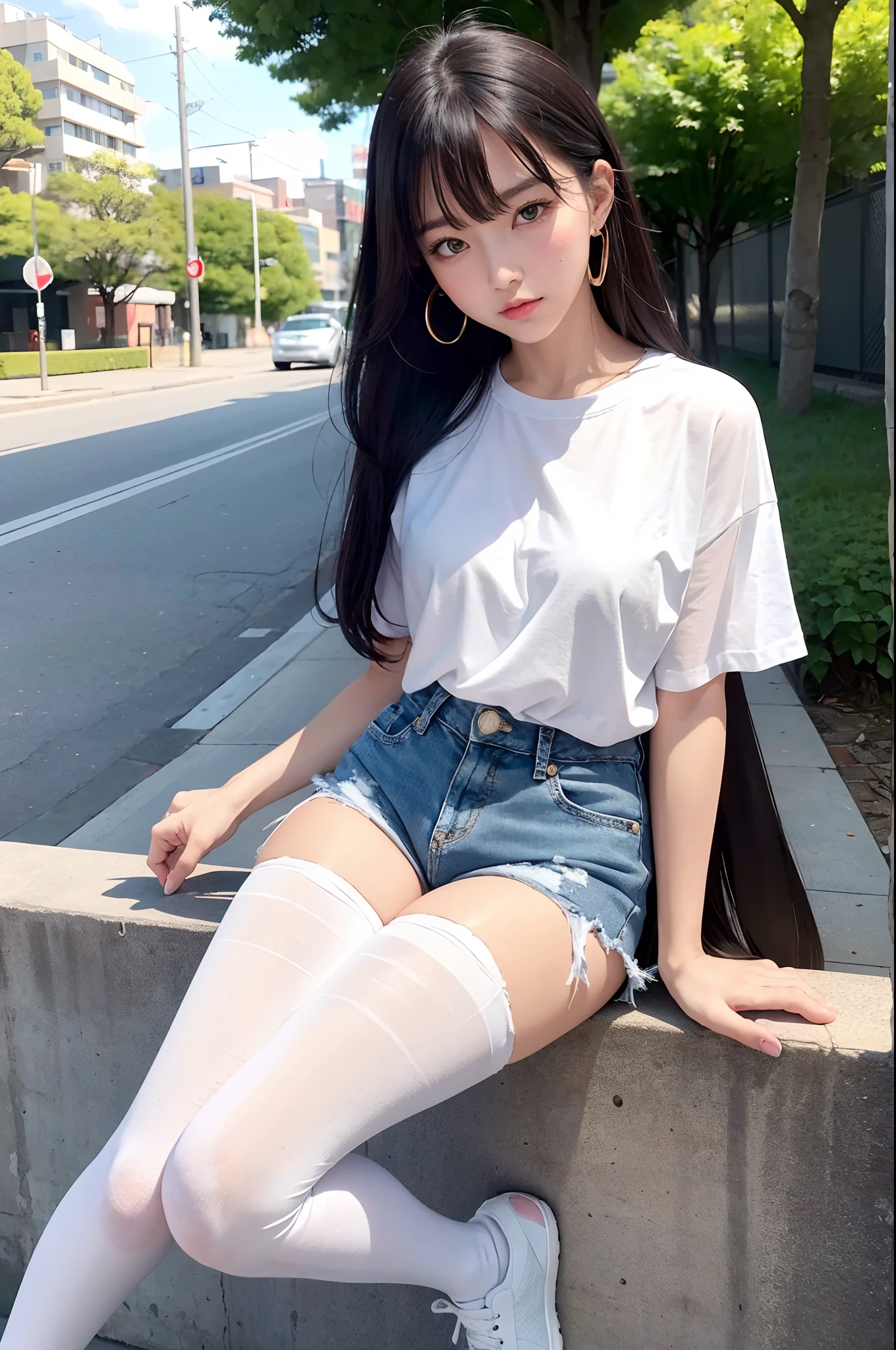 of the highest quality, masutepiece, Ultra high definition, (Real: 1.4), Original photo, (Evening Street), 1 girl, Black eyes, gaze at the audience, Long hair, Light makeup, Lips, small ears, White T-shirt, Denim shorts, (Ultra-realistic pantyhose:1.2), earrings, Sitting Ferrari,, slim, neat, Park, Wearing popular sneakers、walking on street、