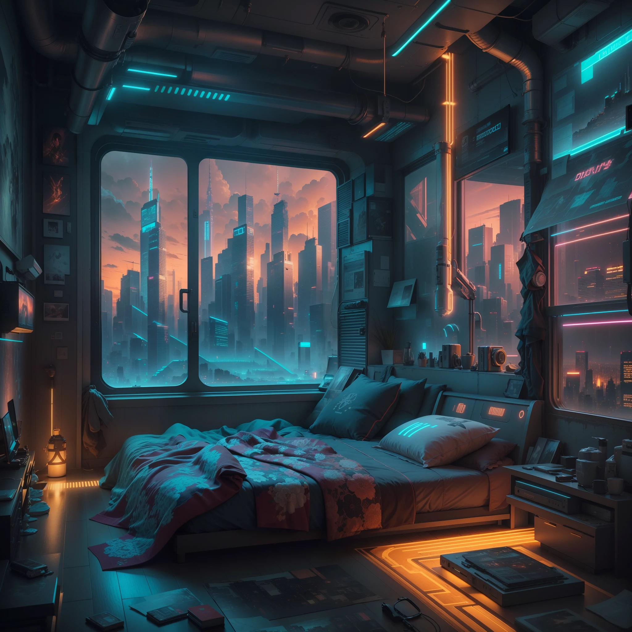 ((masterpiece)), (ultra-detailed), (intricate details), (high resolution CGI artwork 8k), Create an image of a retro futuristic cyberpunk bedroom. One of the walls should feature a big window with a busy, colorful, and detailed cyberpunk cityscape. Futuristic style with lots of colors and LED lights. The cityscape should be extremely detailed with depth of field. Utilize atmospheric lighting to create depth and evoke the feel of a busy futuristic city outside the window. Pay close attention to face details like intricate, hires eyes and bedroom accents. Camera: wide shot showing the room and the window. The window should be the focal point of the image. Lighting: use atmospheric and volumetric lighting to enhance the cityscape details. The room should be illuminated by the neon lights from the cityscape.