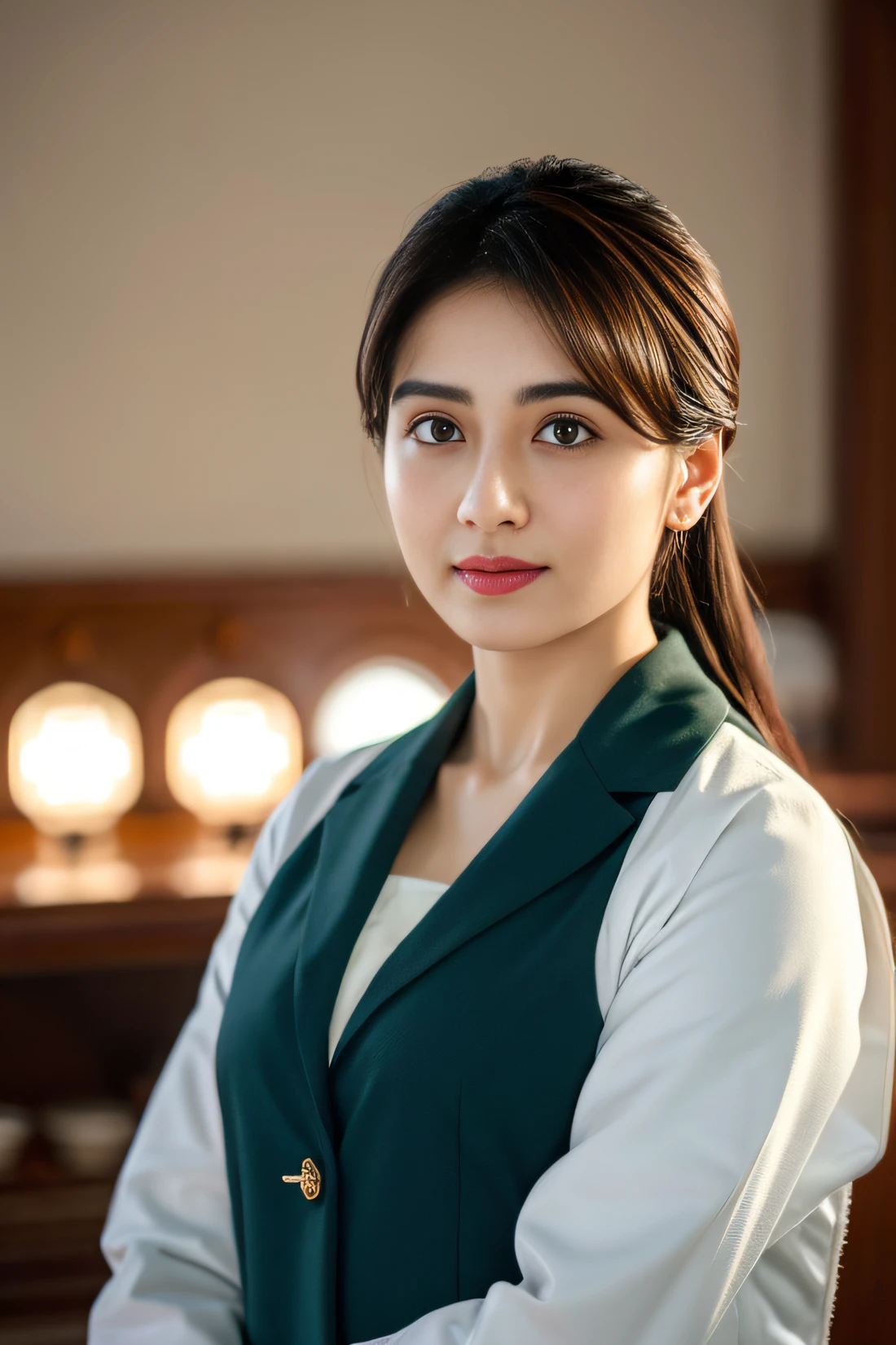 Pakistani Female doctor,Wear a doctor's uniform,realisticlying,Dynamic Lights,brush-cut,Thin stature,cleavage,full shoot,(extremely detailed CG unified 8k wallpaper),high detal,tack sharp focus,Drama,eye bags,Eye lashes,Photoreality