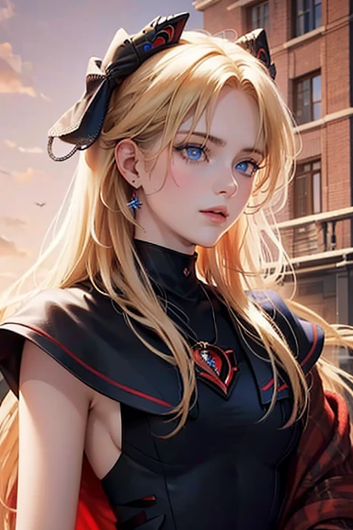 Erica Blundelli, Blonde with (blue eyes) em (Elegant clothes in red and black tones: 1.1), (He wears a black bandage on his head: 1.1)