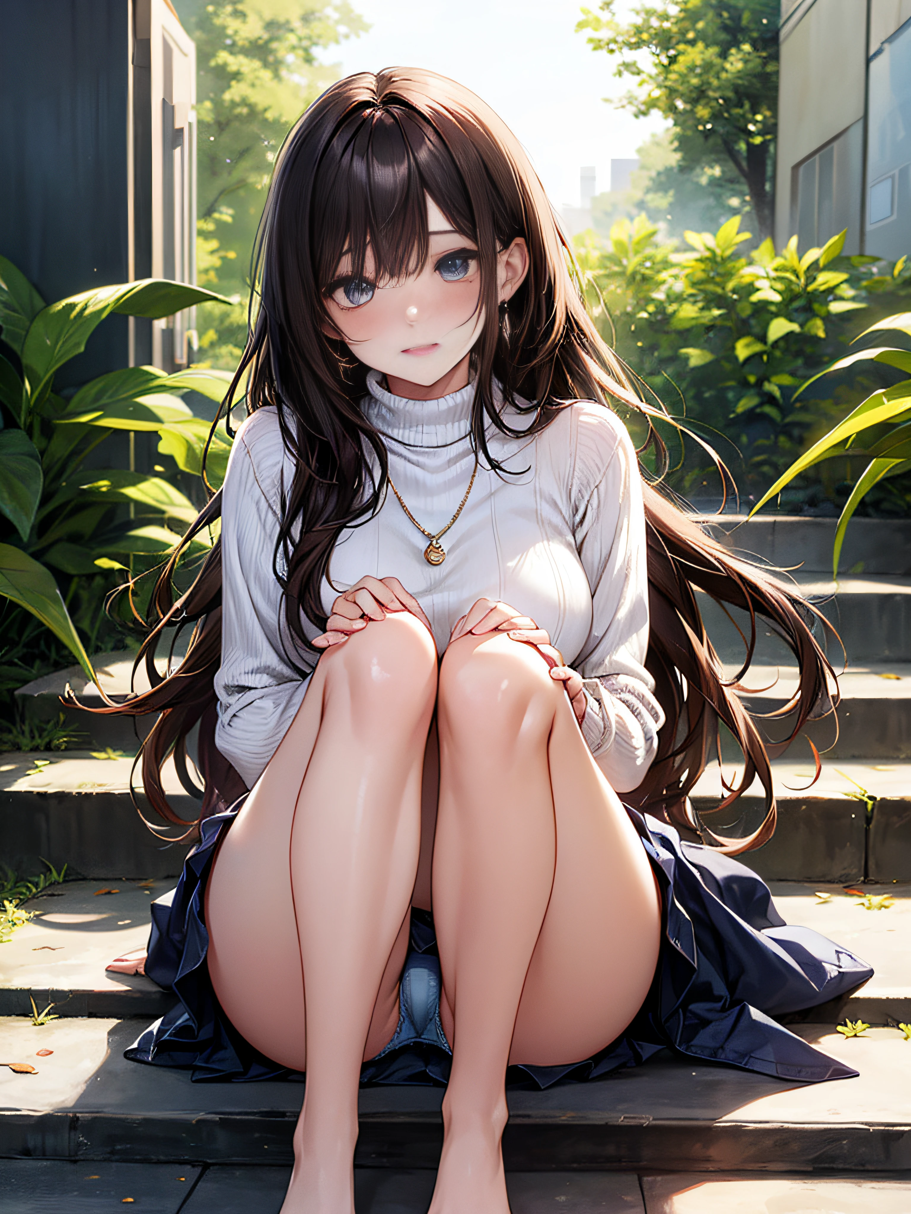 photorealisim、top-quality、超A high resolution、a picture、Extraordinary beautiful girl、Highlights of cheek luster、Detailed cute and beautiful face、(pureerosface_v1:0.008)、Beautiful bangs、Glowing white shiny skin、Bangs between the eyes、shiny and beautiful hair、Silky hair、finer hair、High-definition eyes、Beautiful, Bright and clear, Small eyes、eye liner、Double eyelids、Full body like、red blush、embarrassed from、shiny little necklace and earrings, shiny lips: 1.4, (Shy laughter)、Kamimei、red blush、Tears are embarrassing、(Turtleneck knitwear)、((Denim Mini Skirt))、((Blue lace panties))、((Open knees))、((open one's legs))、((Disheveled clothes))、((Dressing))、Puffy nipple、Neat and clean female 20-year-old female teacher、Brown hair, bangs flowing diagonally, Medium Wave Long Hair, Blue eyes, medium breast size, (sit on stairs)