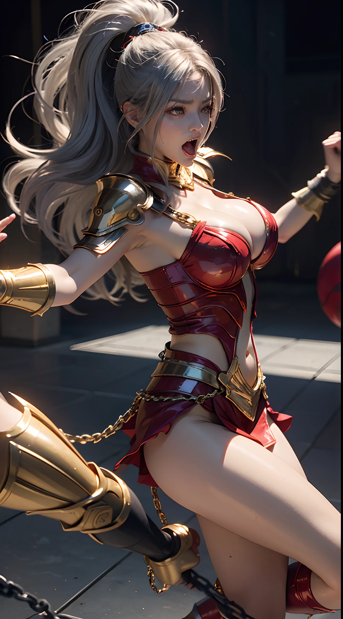 Saint Seiya、1girl in、huge-breasted、cleavage of the breast、beauty legs、Metallic Red Combat Armor of the Future、Shining silver chains are connected from all sides、((Scream))、((exclamation))、((fighting poses))、8k, top-quality, （pubic hair beauty）、hight resolution, 逼真, realperson,