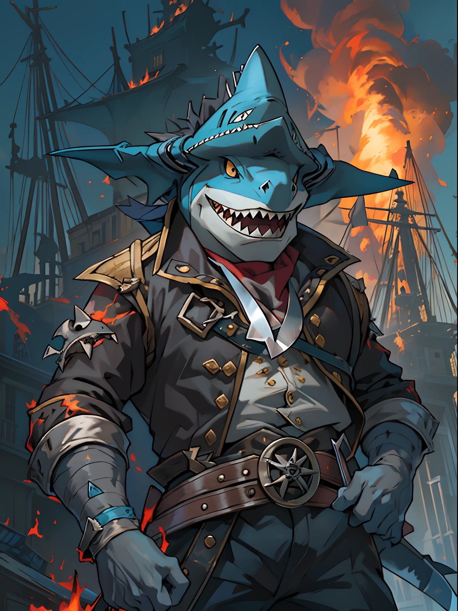 foreground(a pirate，shark head，Blue-gray skin，Strong，Big villain，Armed with a large knife)Background with（Burning town）