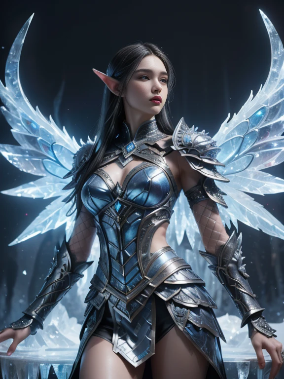 Super realistic image, NVIDIA RTX, super resolution, Unreal 5, Subsurface Dispersion, PBR Texturing, Post Processing, Maximum clarity and sharpness, Multi-layer textures, of (a very beautiful young angel in ice blue), goddess of the moon, (Tall model), thin, standing, white eyes, no pupils, elf ears, ((long, black hair)), (((Ice white armor with intricate details))), ((Huge ice white wings, intricate details) ), ((in levitation, In the air, without touching the ground)), (High quality ultra-realistic scene, 8K RAW High Definition