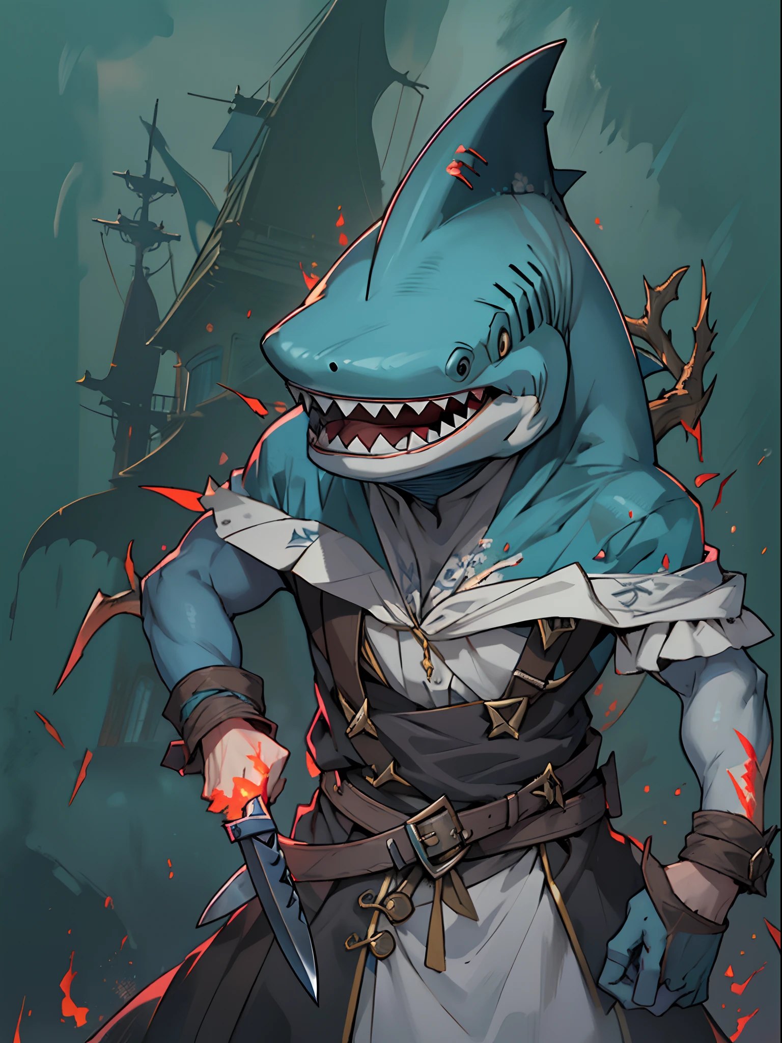 foreground(a pirate，shark head，Blue-gray skin，Strong，Big villain，Holding a large knife in the shape of a fish thorn)Background with（Burning town）
