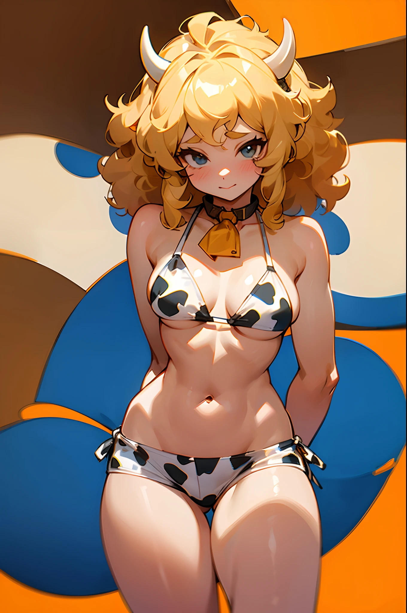 Camp counselor, tight shorts, cow print, bikini top, thick, blond, curly hair, sexually++