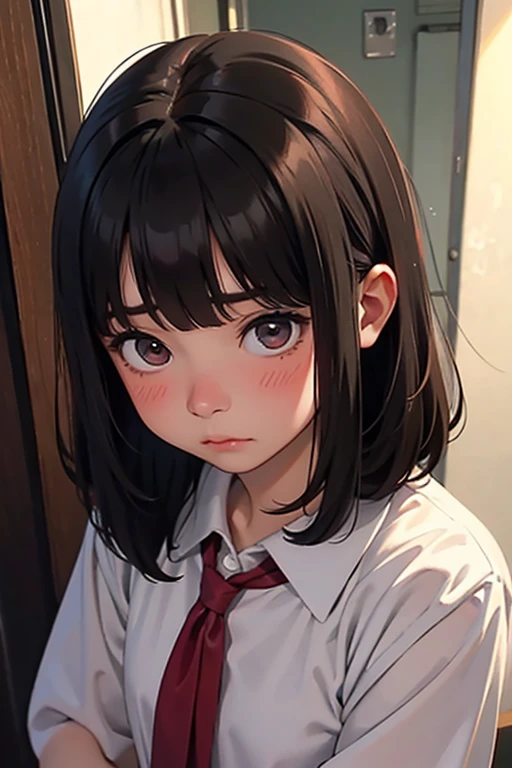 one girls、A dark-haired、Pattsun bangs、bobhair、red blush、embarrassed from、Disgusting、tiresome、Putting up with、blouse