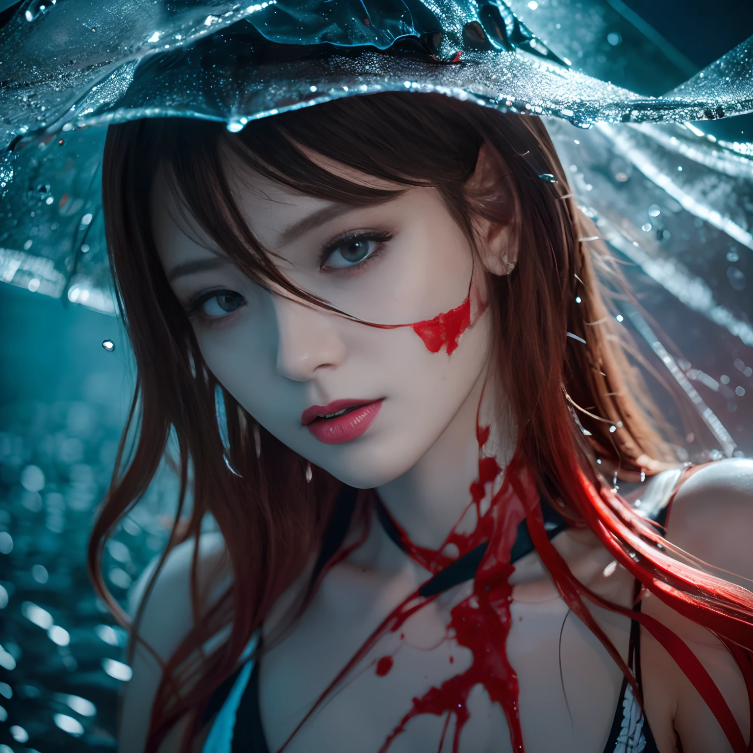 Black and white and blue and red,(Best Quality, Ultra-detailed, High resolution, extremely details CG),Wide Shot,angelicales,She is so beautiful,She likes blood and the sea,Bloody Rain, Mystical,cultist, Convoluted, Surreal,Delicate