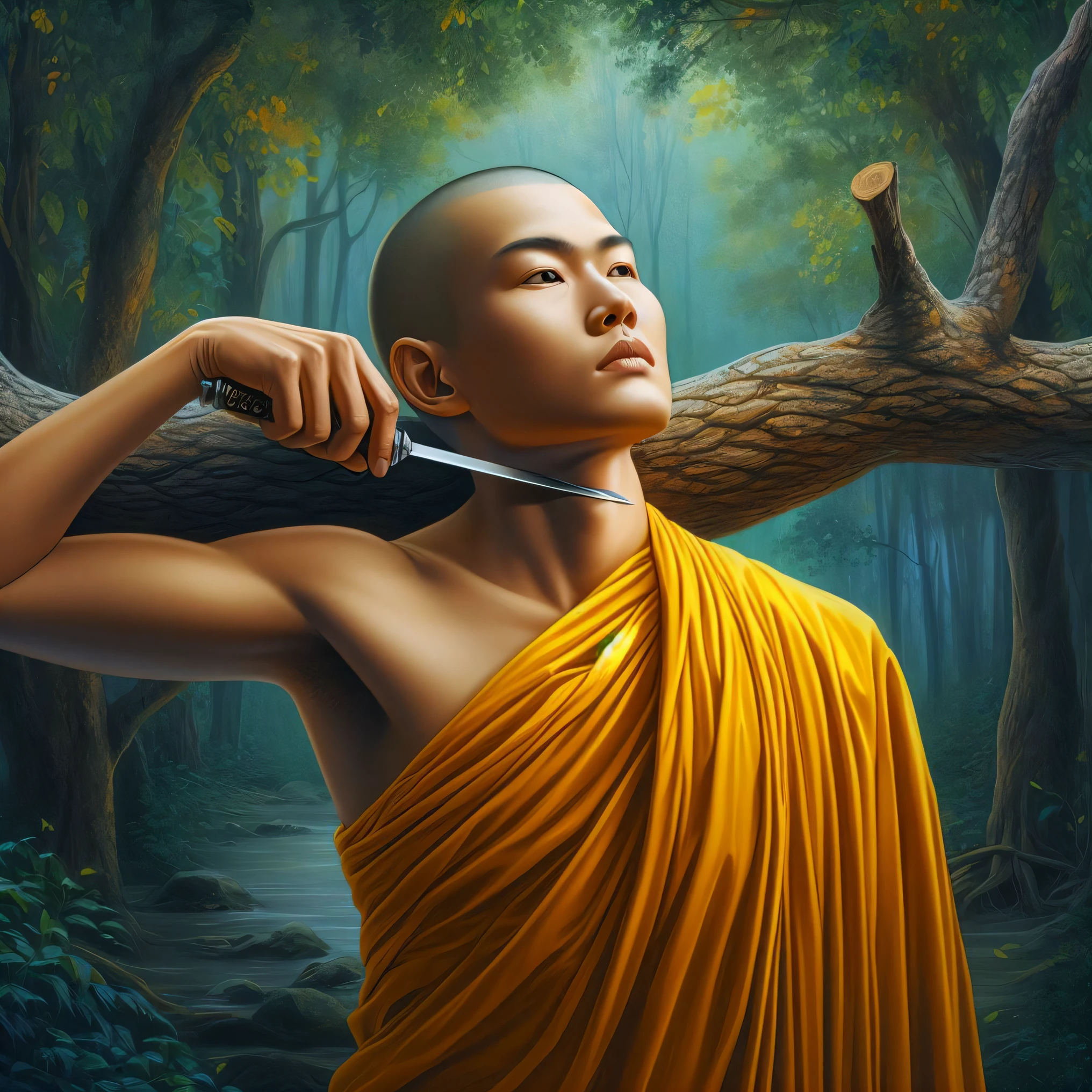 painting of a monk holding a knife in a forest, fisting monk, hold sword in the forest, portrait of monk, by Ma Quan, buddhist, inspired by Ma Quan, buddhist monk, concept art of a monk, realistic fantasy painting, martial artist dryad, 2 1 st century monk, monk's robe, monk, monk meditate, hyperrealistic fantasy art