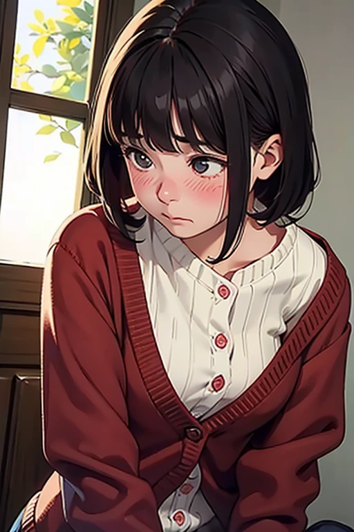one girls、A dark-haired、Pattsun bangs、bobhair、red blush、embarrassed from、Disgusting、tiresome、Putting up with、full bodyesbian、cardigan