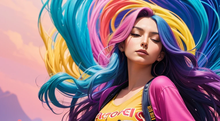 16:9 ratio, photography reastic, art of alessandro pautasso, jen bartel, vibrant color, digital art, vivid color, 1 beautiful girl close up, colorful long hair, rainbow hair, floating hair, eyes closed, face look up
