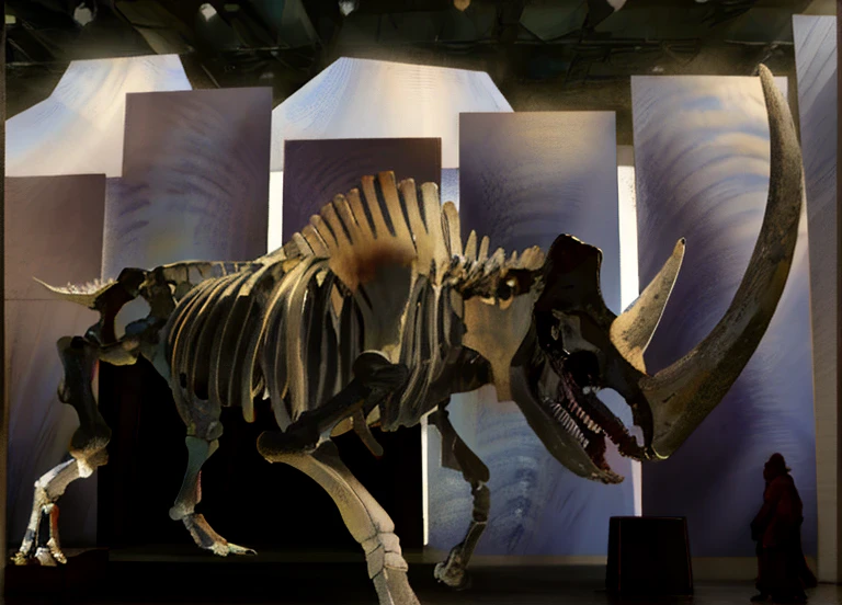 Arafe skeleton of a mammoth on display in a museum exhibit, triceratops, Megafauna, Dinosaur skeleton, On display at the Fossil Museum, Sauroform hybrid, skeleton with extra fleshy bits, Dinosaur bones, video, Whale skeleton, photograph taken in 2 0 2 0, huge spines, detailed zoom photo, t-rex, t - rex