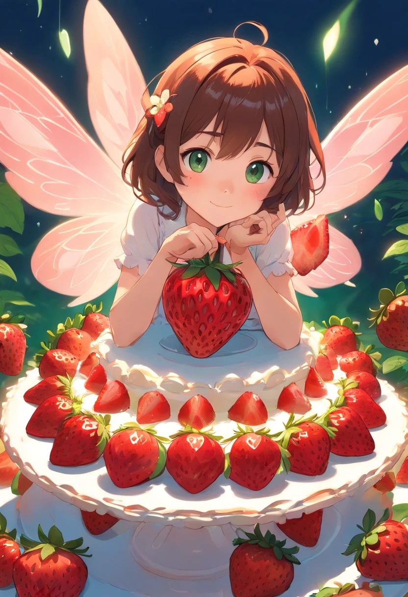 Strawberry Fairy、Little girl、Hold out strawberries、brown haired、verd s eyes、sparkly eyes、Standing on the cake、With cream on the nose