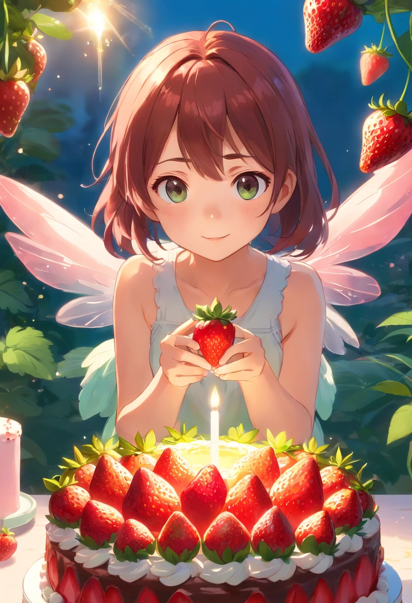 Strawberry Fairy、、Hold out strawberries、brown haired、verd s eyes、sparkly eyes、Standing on the cake、With cream on the nose