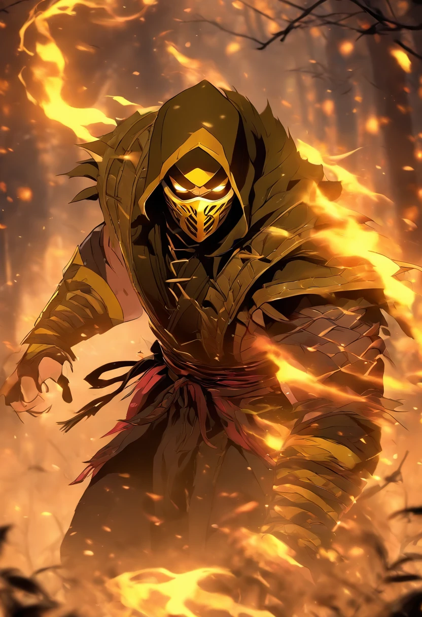 1 man, solo, Scorpion, mortal kombat, tall, muscular, hunk, yellow and black face mask, wearing orange-ish yellow and black ninja clothes, yellow fabric hood, fire in the background, upper body shot, best quality:1.2, high resolution:1.2, masterpiece, low camera angle, detailed outfit, shadows, volumetric lighting, landscape of hell in the background