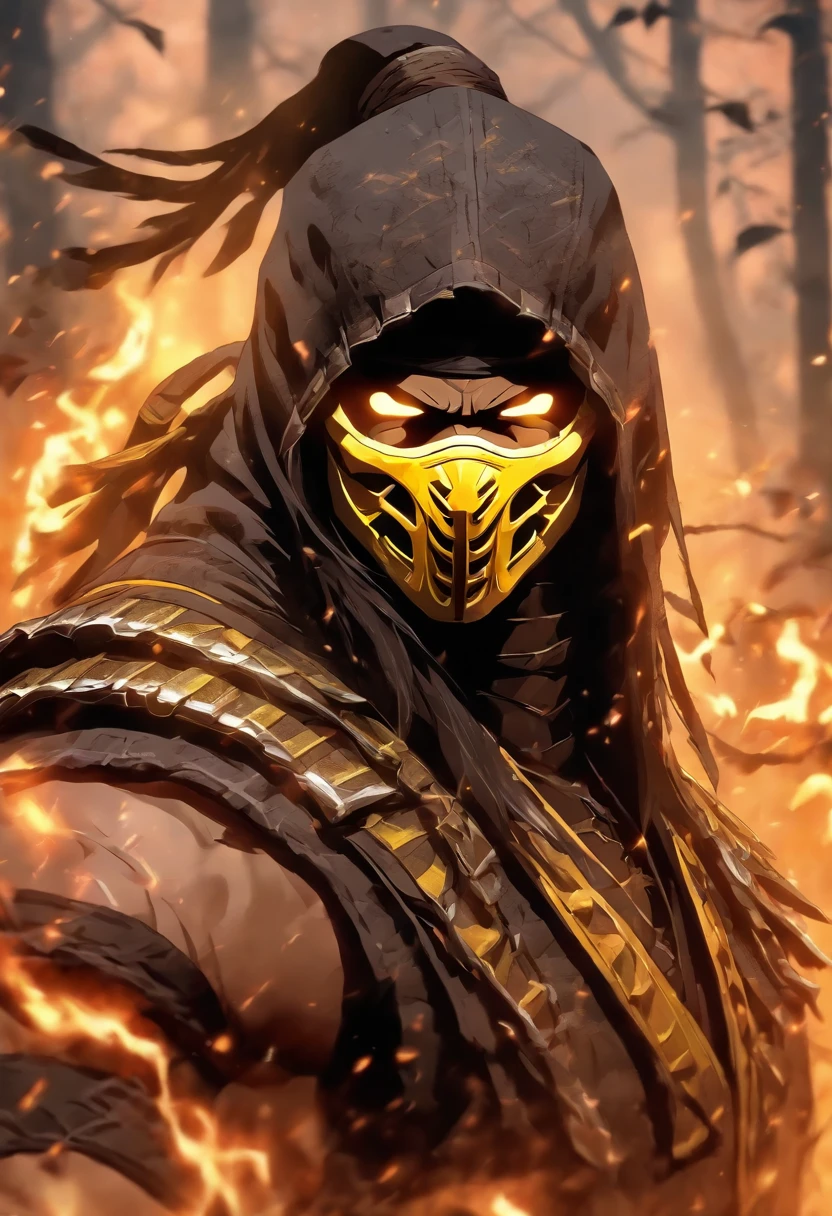 Mortal Kombat Scorpion, white eyes, classic mask, movie 1995, comes out of the forest in the fog, atmosphere of darkness and horror, in the style of illusory portraits, modular, uhd, --ar 71:118 --s 750 --niji 5