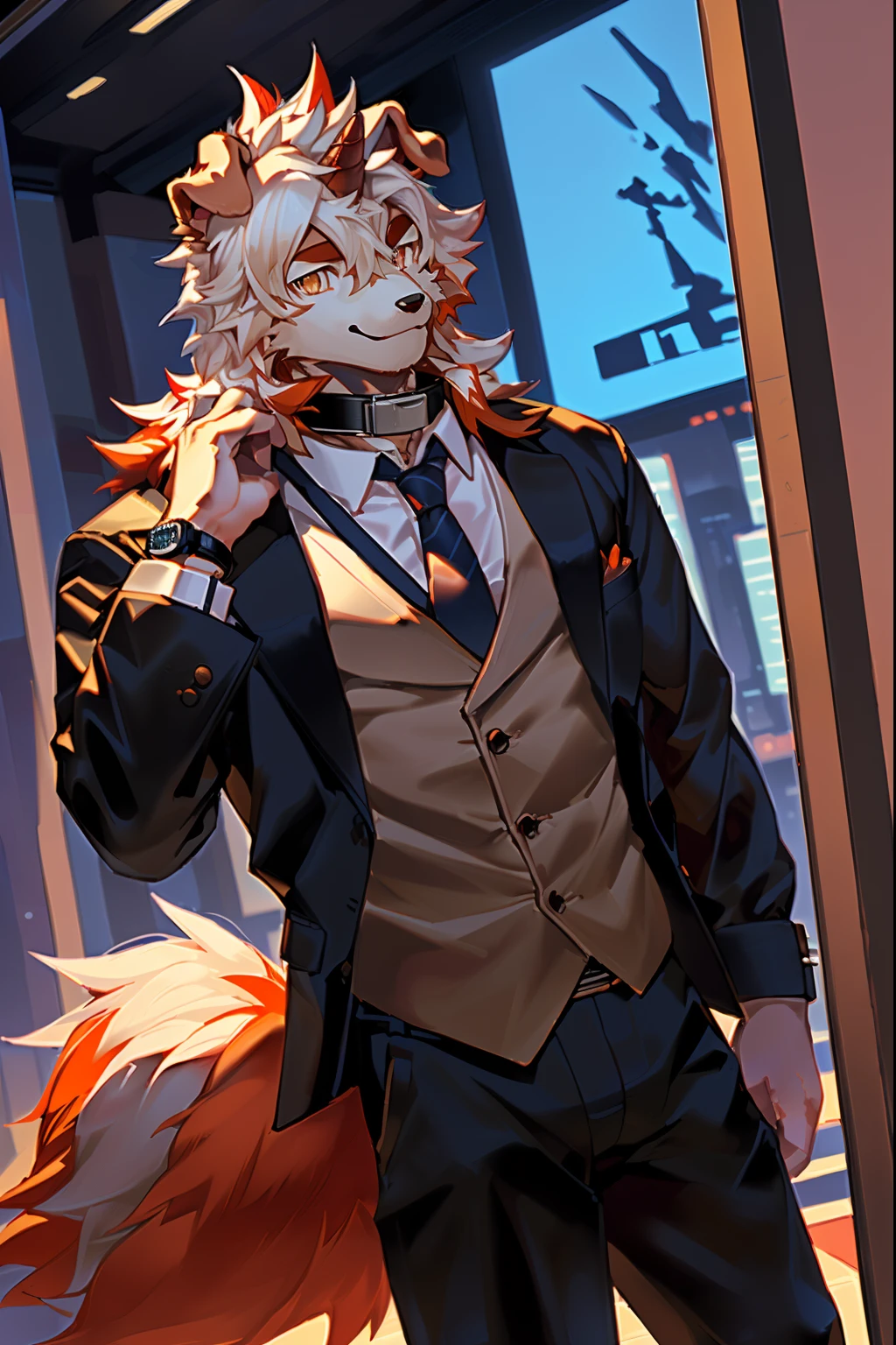 (by Hioshiru, by null-ghost, By personalami, by Honovy, by thebigslick, author：Feinhertz), Male, Solo, domestic dog, horn, floppy ears, clawed paws,  Smile, Neon lights，In the office building，Masterpiece, Best quality, offcial art, Extremely detailed Cg Unity 8K wallpaper, Ultra-detailed, Best Illustration, Best shadow, Perfect lighting, pegging (/arknight/), White fur, Furry male, Dog boy, Furry, Two-tone fur, 1boys, multicolored hair, Male focus, Horns, Striped hair, Dog ears, Animal ears, single horn, Brown fur, bangs, Orange hair, White hair, Medium hair, Orange eyes, Solo,Black pupils，In black suit，Black trousers，White color blouse，Plaid tie，full bodyesbian，leather shoes，A collar is worn around his neck，Wrist watch，briefcase，Coffee in hand，Orange tail，Fluffy tail，full bodyesbian