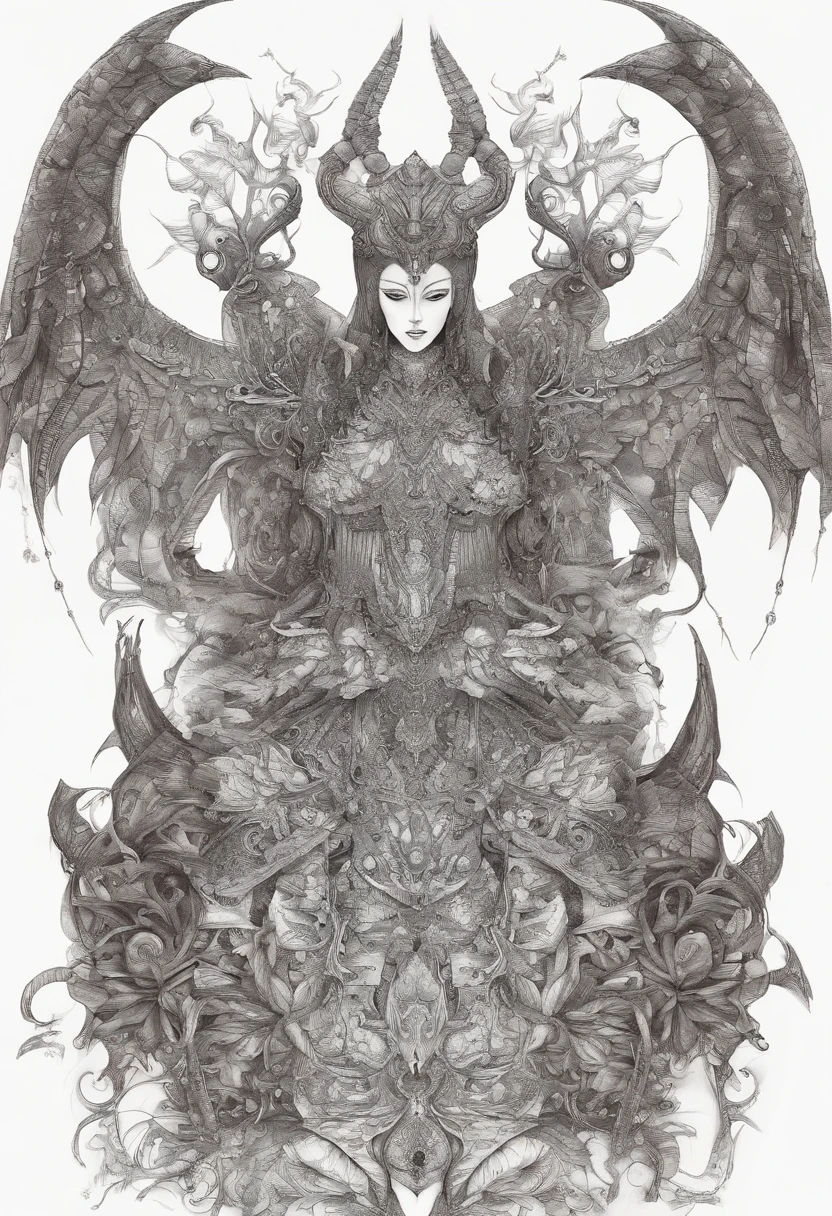 A female demon sitting languidly on a wooden chair、With a cheek cane、Sexy costume、(美丽的面容:1.6)、(eyes glowing red:1.6)、Grinning、arms spread to the sides、 Female with wings like a bird, Can be stretched and blown away.. These wings are covered with iridescent and colorful feathers、 Add a touch of beauty and mystery to your look. Taking human form,  He looks like a normal human being、There are horns on the head,masutepiece、Best Screenplay、watching at viewers、Intimidating look、