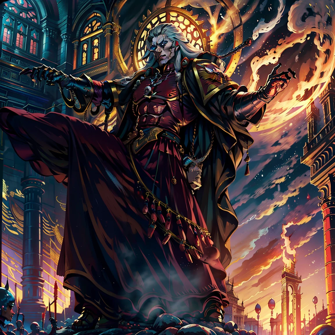 Castlevania Hyper Réaliste Shadow Lord Super Détaillé Dynamic Shot Master Piece of Lord Dracula Guerrier arabe médiéval avec turban rouge Visage effrayant Hokuto No Ken Structure Visage musclé Kenshiro assis dans son trône marocain légendaire entouré de démons et de 3 démons effrayants En parlant de vieux rouleaux Scènes cinématographiques Film épique Film hyper réaliste Film légendaire Film épique Film épique Film épique Film épique Film agrandi Vue 3D Angle inférieur