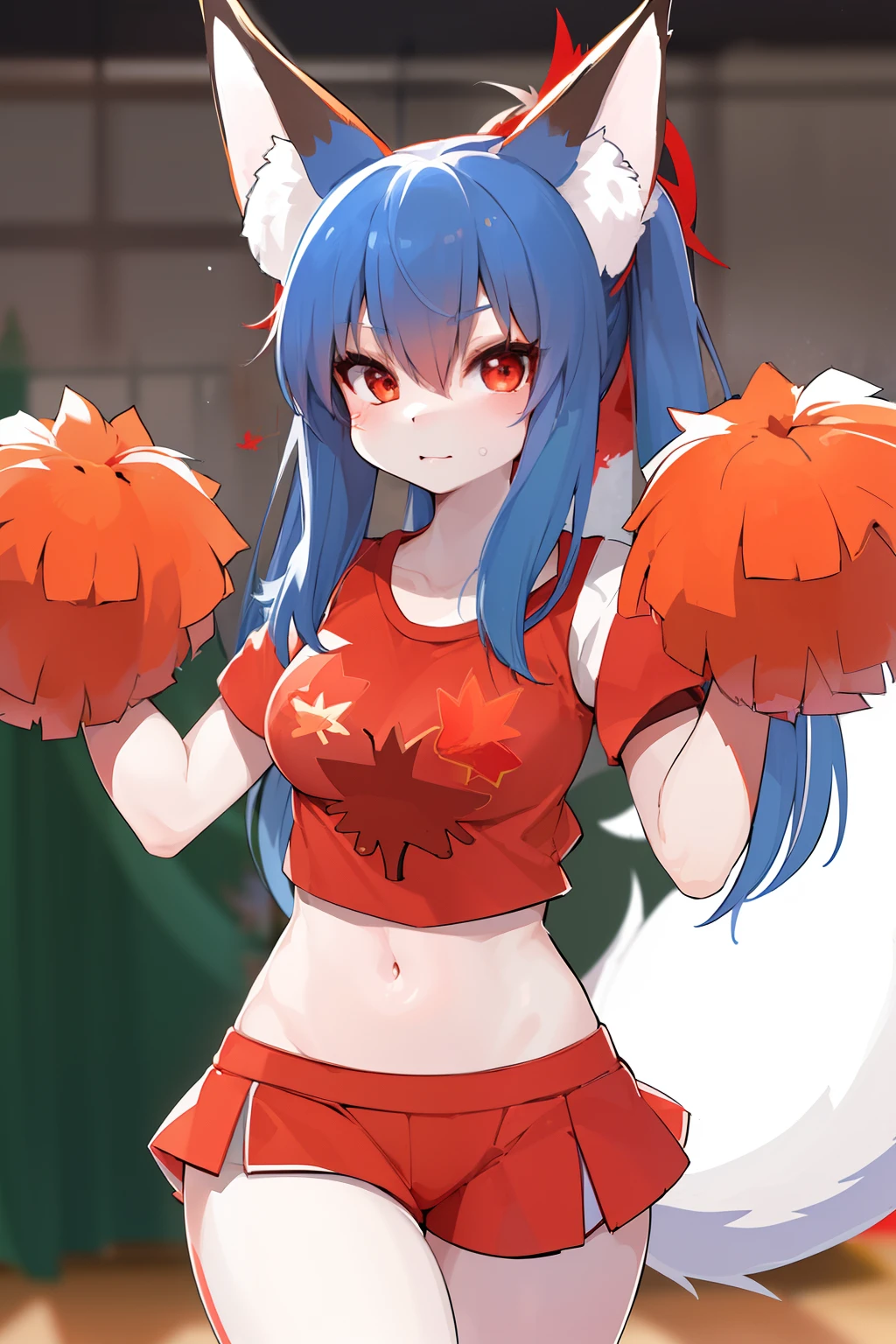 1girl, (furry female:1.1), kitsune, blue hair, red eyes, fox ears, fox tail:1.25, body fur:1.75, masterpiece, white logo tshirt, (red mapple leaf \(symbol\):1.25), \:|, (cheerleader:1.25), canada, hockey arena background, indoors, gym, naked, lifted skirt, pussy_outline, nsfw, visible_pussy, cute, big ass, pregnant