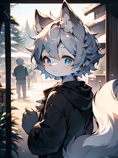 (best quality,highres,masterpiece:1.2),cute teenage character,shota,Beautiful detailed blue eyes,soft charcoal gray hair, boy,ears hidden,hair covering ears,a tuft of blue bangs,wolf ears,wolf tail,closed eyes,long eyelashes,facial camera,panoramic view,stargazing