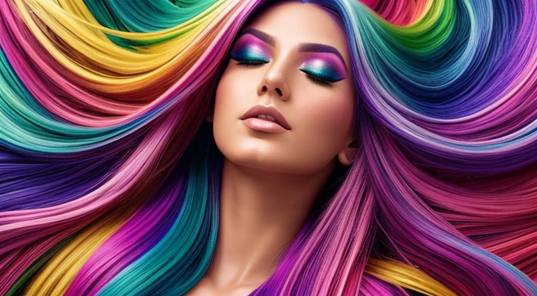 art of alessandro pautasso, jen bartel, vibrant color, digital art, vivid color, 1 beautiful girl close up, colorful long hair, rainbow hair, floating hair, eyes closed, face look up