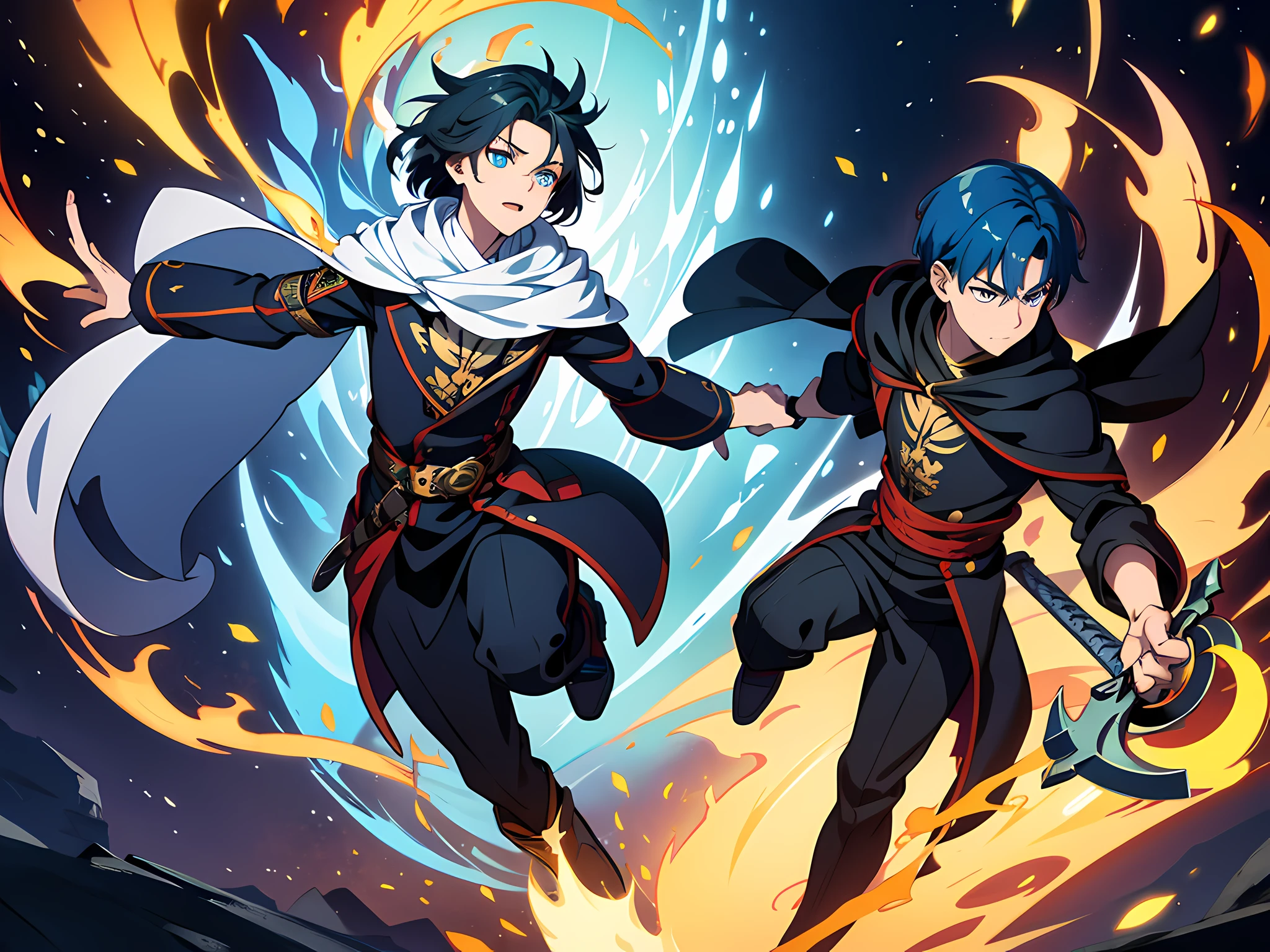 masterpiece, In a world where magic and technology exist side by side, a young man (blue hair, short hair) sets out on a journey to hone their skills and uncover the secrets of their powers, beautiful eyes finely detailed. The mage must learn to harness the full potential of their abilities and unlock the true potential of magic in the modern age. full body illustration, evil facial expression, holding a sword, he hold sword with flames coming out from his sword.