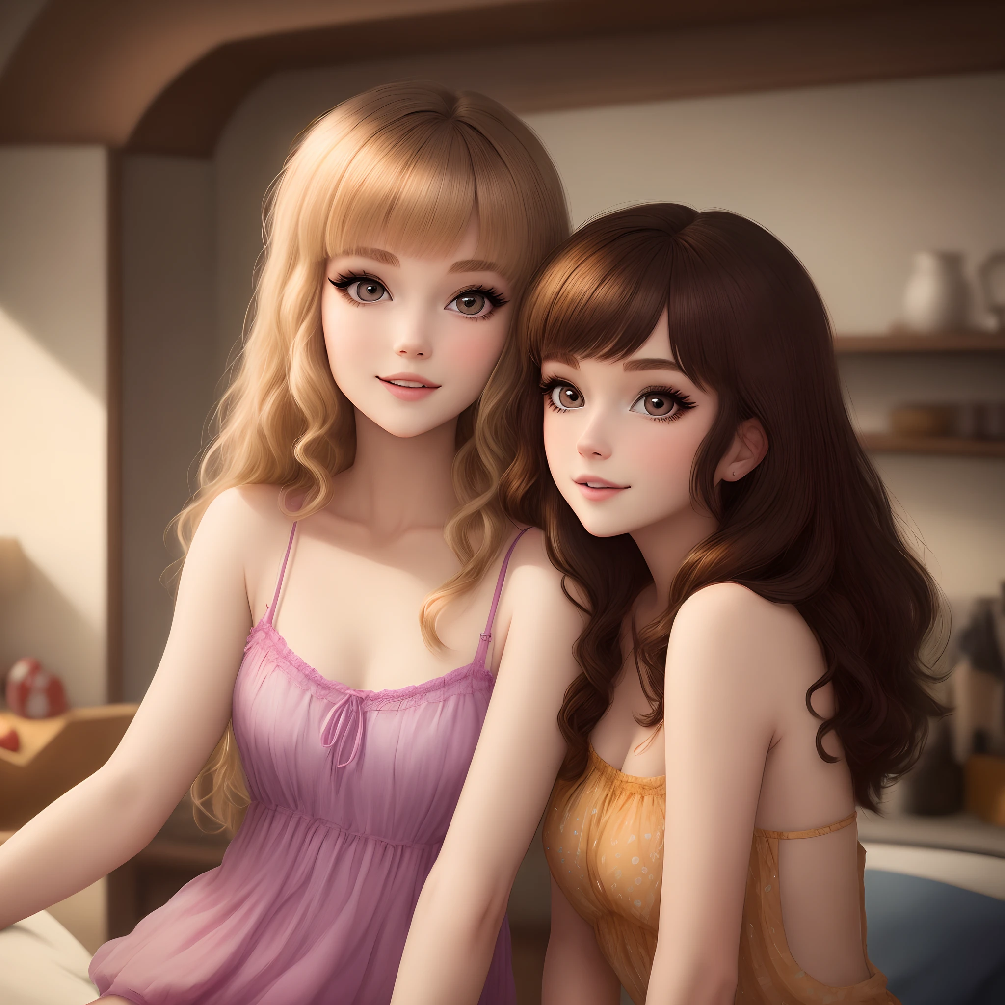 Zwei Freundinnen, one brown-haired, the other brown-haired with blonde front strands and eyeliner Disney Pixar