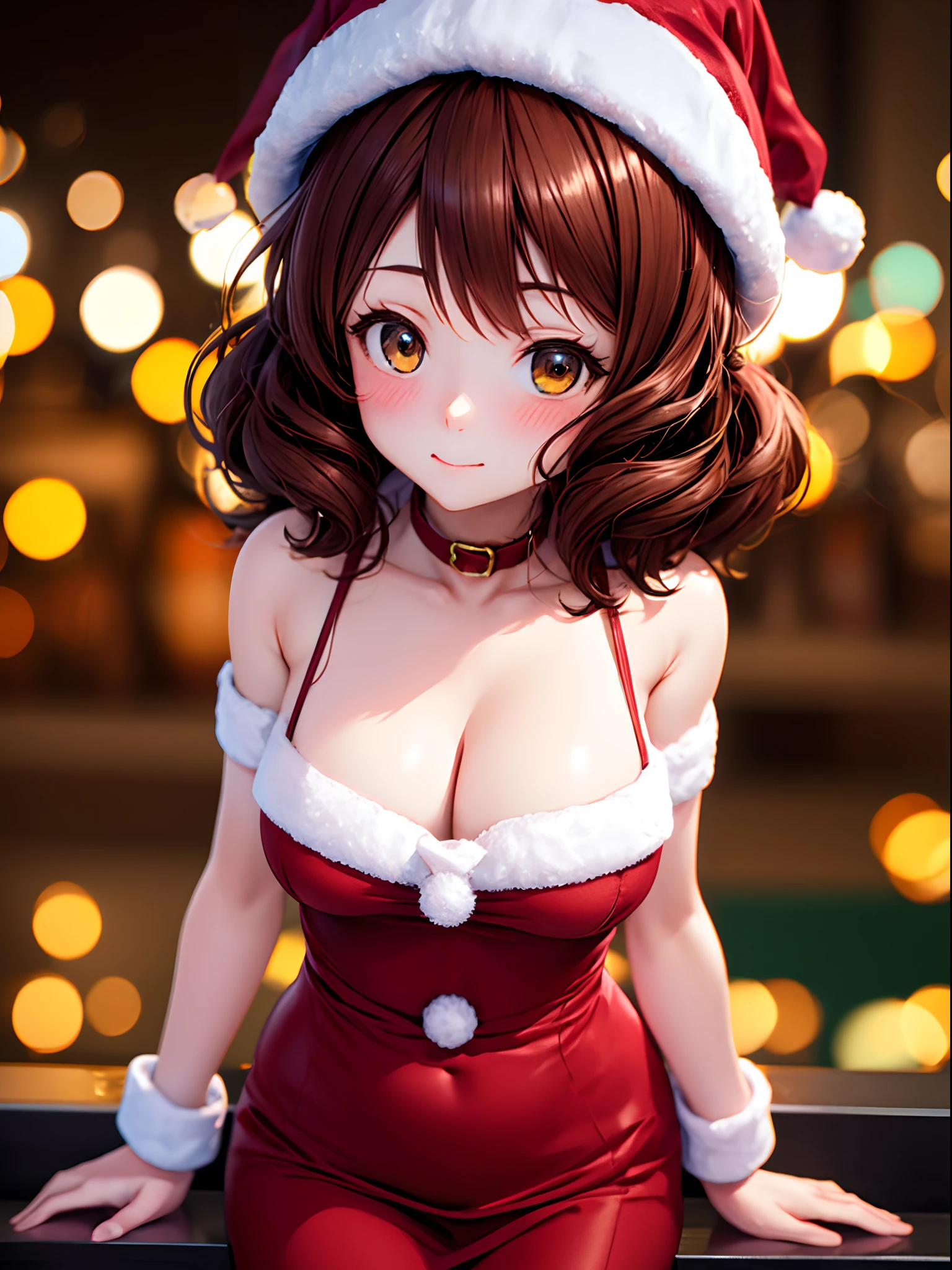 hight resolution,[8k picture:1.15],Kumiko、 [3D images:1.15]、 1girl in, 独奏、front-facing view, red blush,Kumiko is cute no matter who you look at、One hand on the chest、Red and white dress、Christmas Colors、Cute sexy girl no matter who looks at it、lovely thighs、Cowboy Shot、Viewers are watching