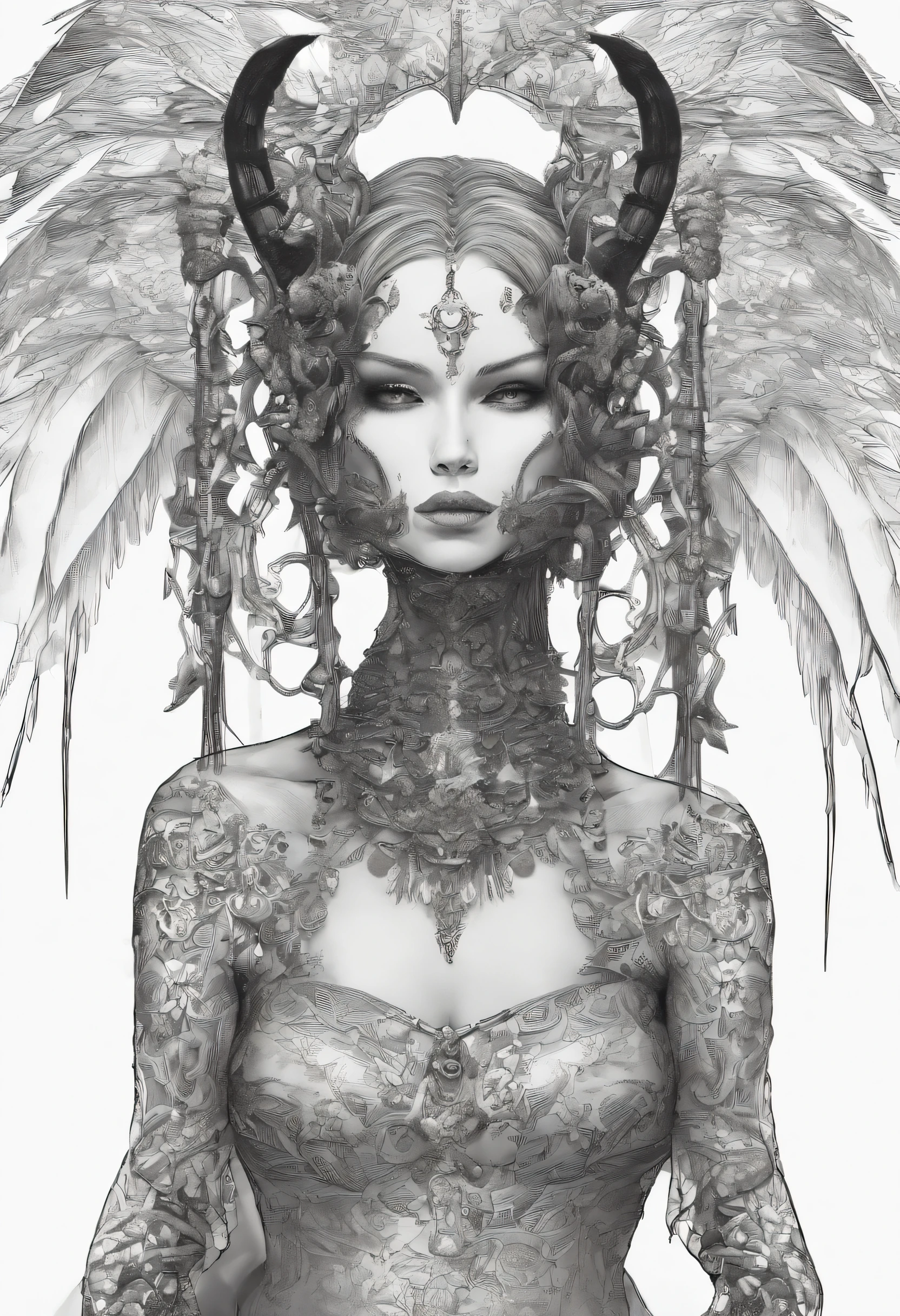 Female demon sitting on a wooden chair with only one leg on her hand、Sexy costume、beautiful countenance、red eyes、grinning、 Female with wings like a bird, It can be extended to allow flight. These wings are covered with iridescent and colorful feathers、 Add a touch of beauty and mystery to your look. Taking the form of a human being, Looks like a normal human being. nevertheless, The characteristics of this species are:、There are horns on the head,Masterpiece、Best Writing、watching at viewers、Intimidating、
