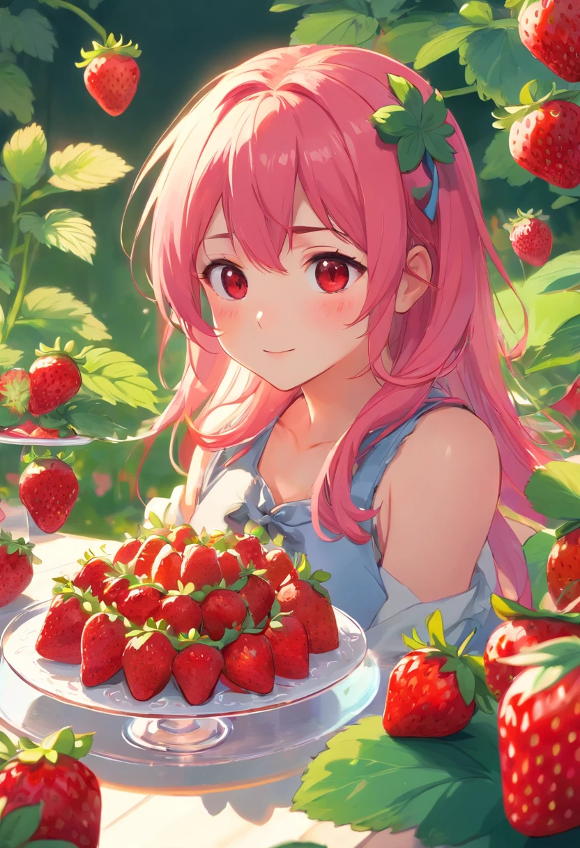 A small strawberry dwarf with pink hair and red eyes is offering strawberries to a big girl。Tiny strawberry dwarfs are the last topping on a big girl's birthday cake。