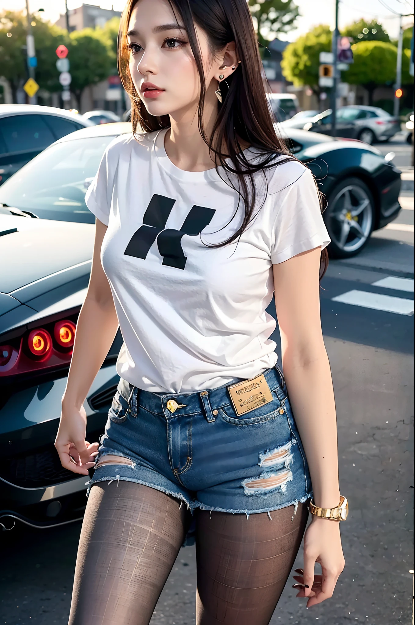 of the highest quality, masutepiece, Ultra high definition, (Real: 1.4), Original photo, (Evening Street), 1 girl, Black eyes, gaze at the audience, Long hair, Light makeup, Lips, small ears, White T-shirt, Denim shorts, (Ultra-realistic pantyhose:1.2), earrings, Sitting Ferrari,, slim, neat, Park