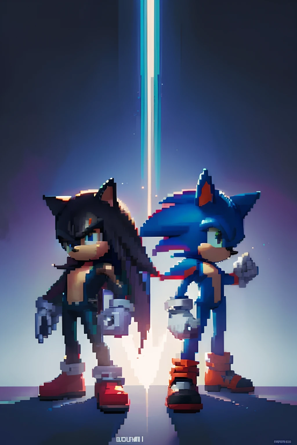 Pixel art of Sonic and Shadow from the game Sonic, They put pistols on each other's heads, They're enemies, Cool graphics, Black Shadow, Red, Blue colors, Detail art,