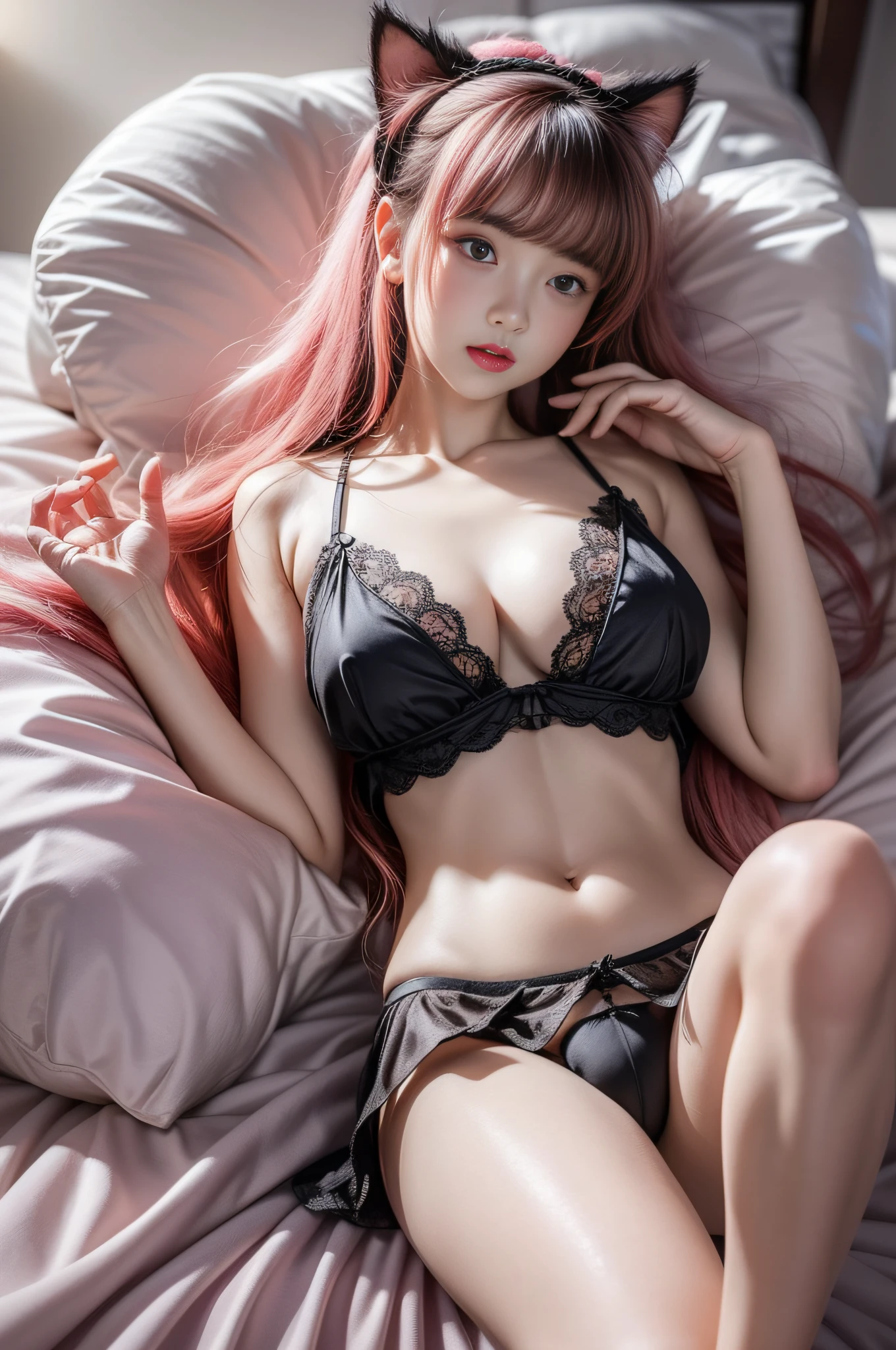(64k uhd、Raw photography、top-quality、masterpiecel1.4)、(realisitic、Photorealsitic:1.37)、Photo of Japan girl in black((loose)Camisole)、 Cat's ears、(micro:1.4)Lace pantie、looking at away、Colossal breasts、((lying on one's side on bed))、lying on one's side、dishevled hair、Medium Hair、(Pink blush)、(illuminating)、[[Open legs、Spread your legs apart]]、(独奏)、dynamicposes、((erectile nipple))、(female pubic-hair)、(Puffy eyes:1.3)、 (Slim legs)、nffsw、Highly detailed ambient occlusion、Natural and harmonious composition、fine-art photography、