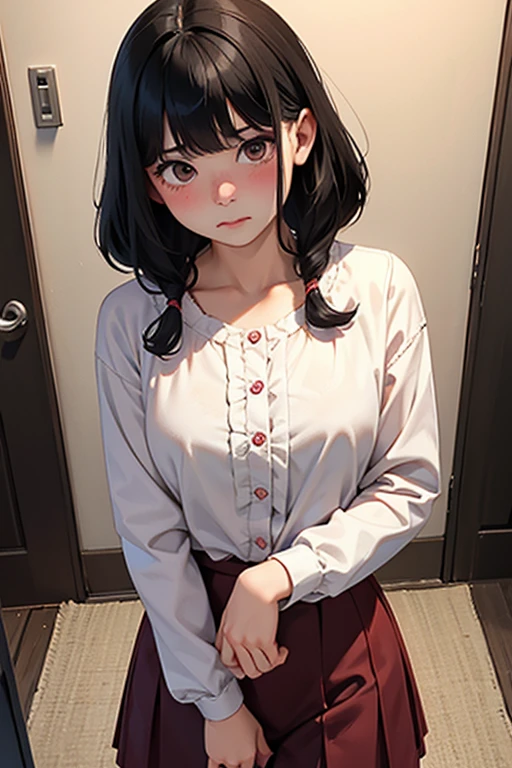 one girls、A dark-haired、Pattsun bangs、bobhair、red blush、embarrassed from、Disgusting、tiresome、Putting up with、full bodyesbian、blouse