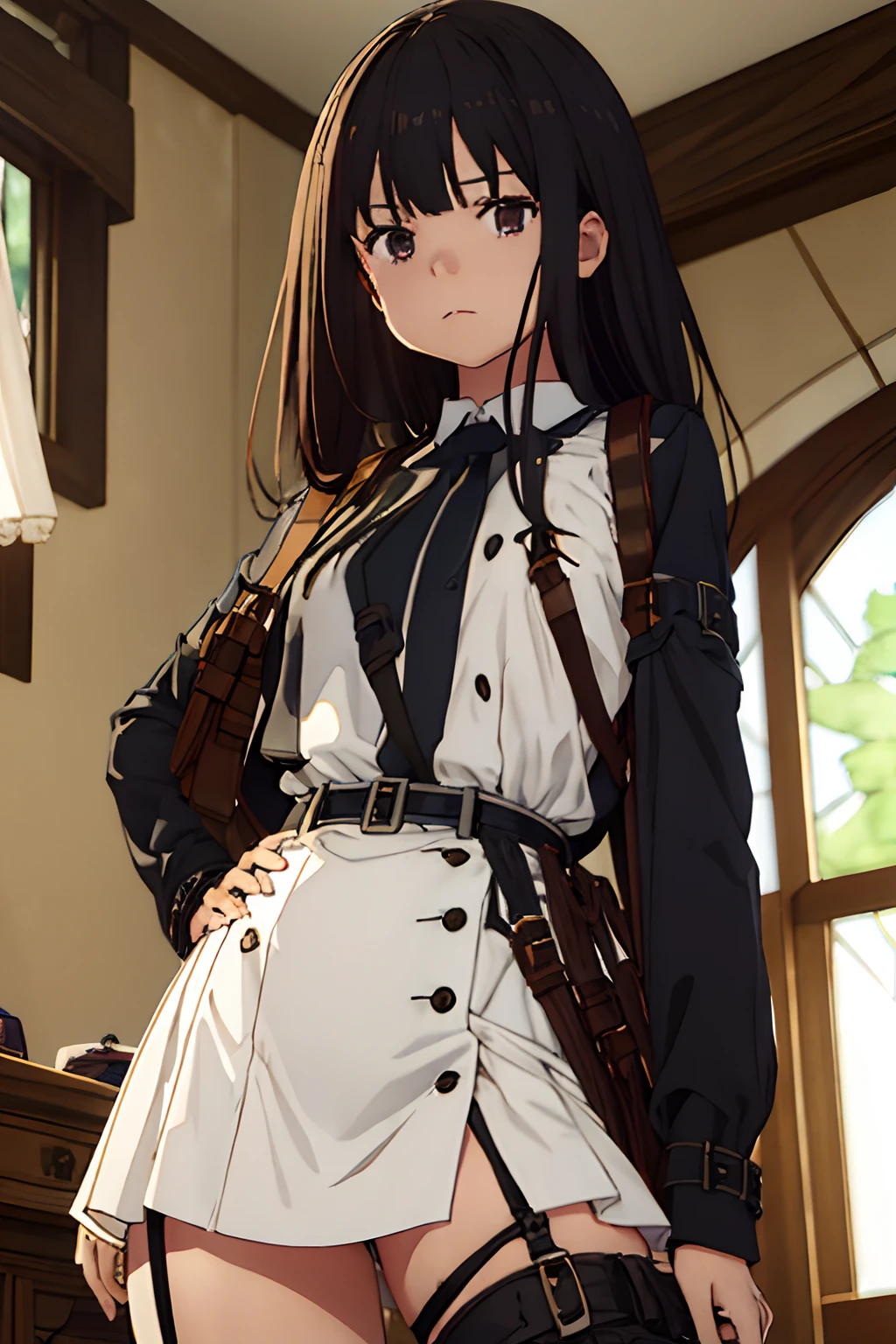 ​masterpiece、flat-colors、depth of fields、lens flare 1 girl、、Brown hair、watching at viewers　　　black suspenders　　　large full breasts　　　 　 Armpit sweat　perspiring　Side of both hands　　walls: 　Black miniskirt　garters　　　　　　Gaze　　　Small face　Bangs Upper Eyes　flank　　　　holster　　Belt Armament　Beautuful Women　srestrained　Zip ties behind your back